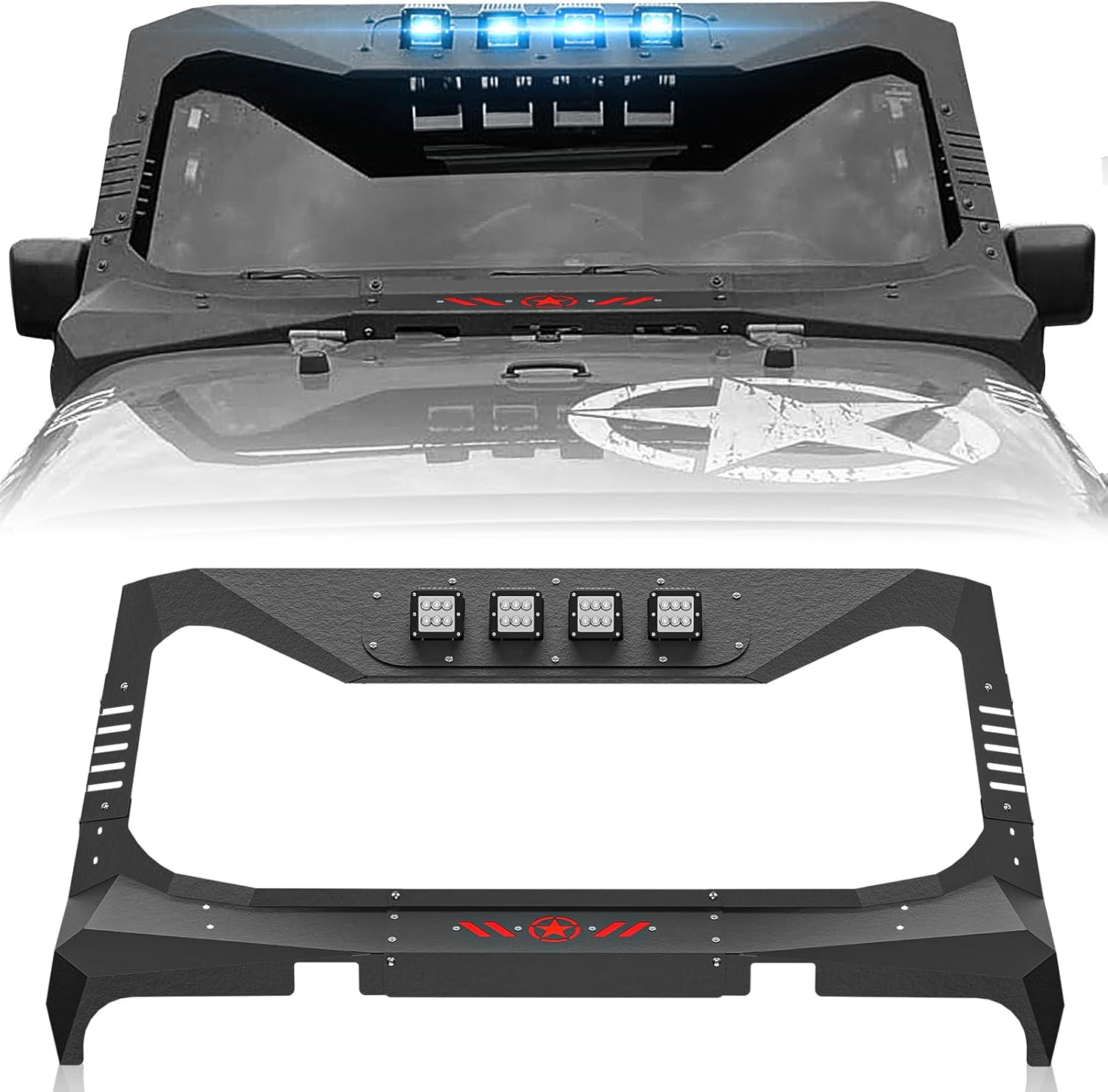 YZONA Mad Max Windshield Frame Cover for 2007-2018 Jeep Wrangler JK/JKU - Roof Sun Visor Cowl Armor with 4 LED Lights