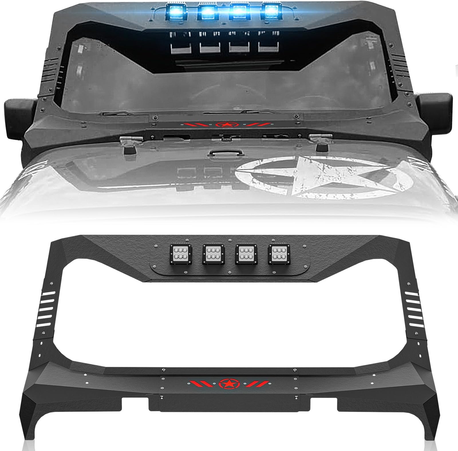 for Wrangler JK Windshield Frame Cover with 4 LED Lights Insert Mad Max Roof Sun Visor Cowl Body Armor Compatible with 2007-2018 Jeep Wrangler JK JKU, Windscreen Stand Rack Front Protector