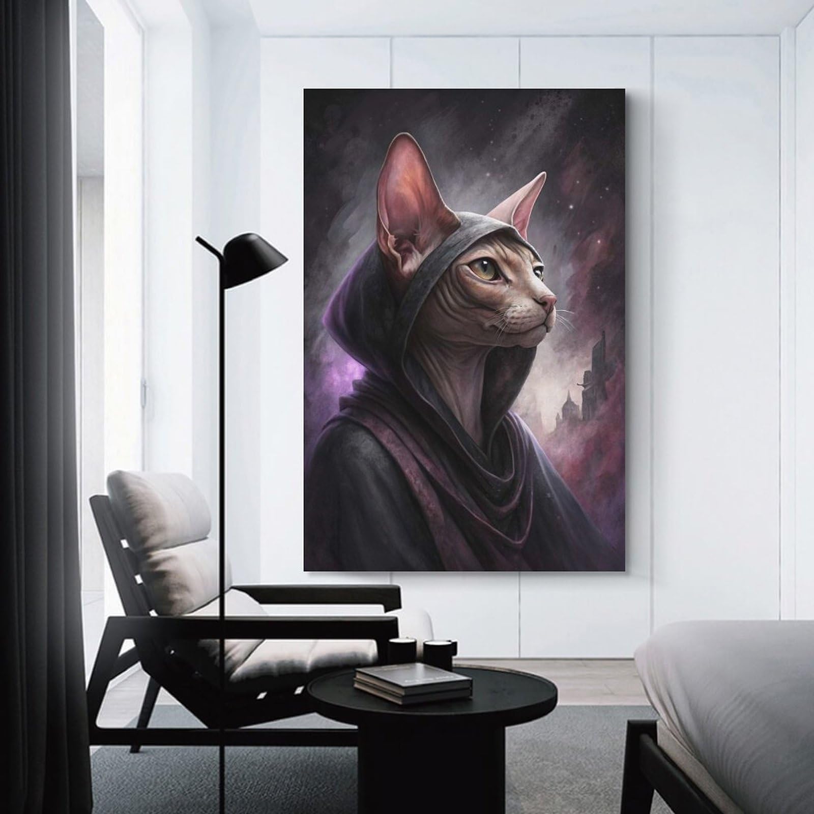 Junmoney Sphynx Cat Wizard in Cosmic Robes Decorative Wall Artwork, 24x36inch(60x90cm), for Home Lounge, Bedroom Or Reading Nook, Easy Decor for Gallery Walls