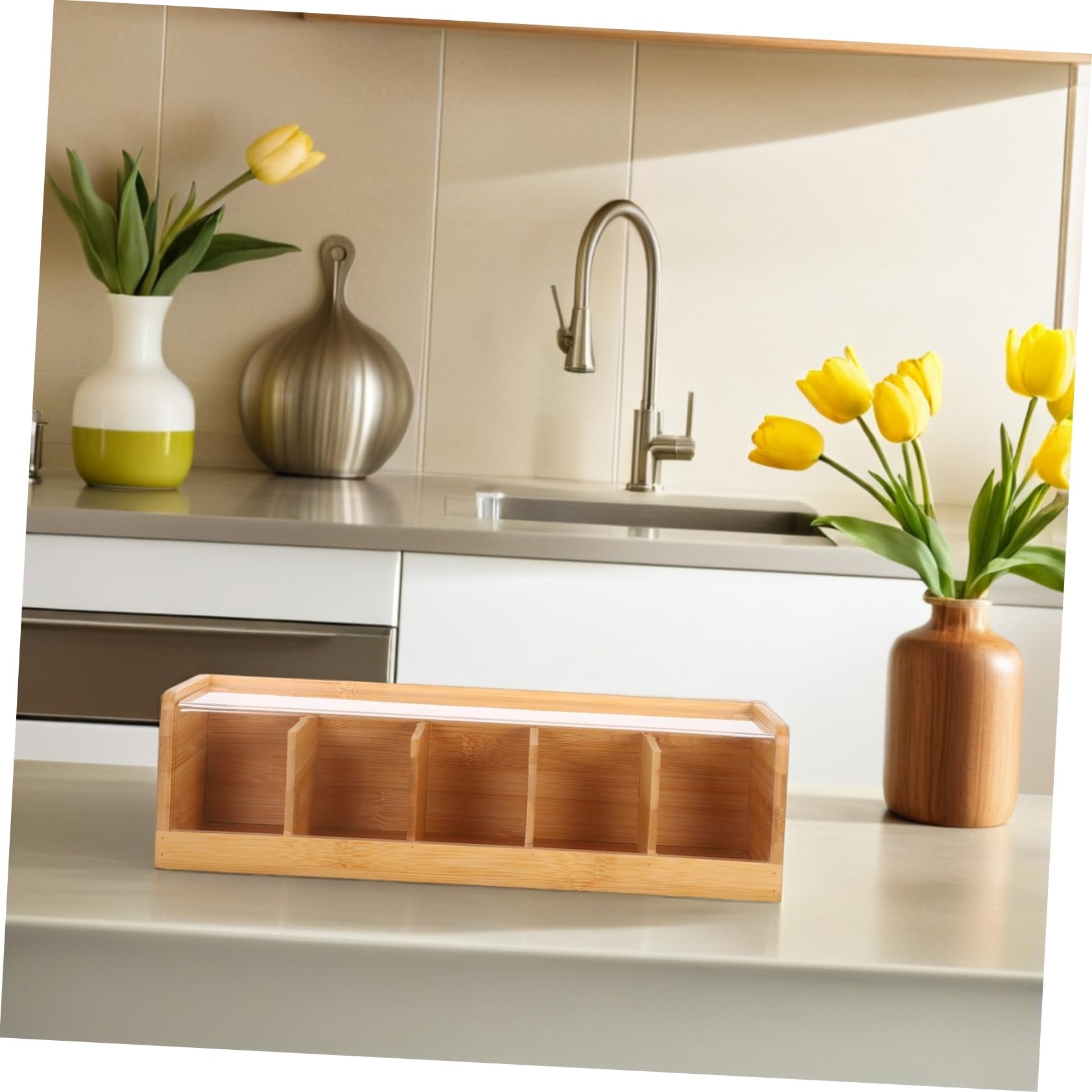 INOOMP Caja para Guardar Té Tapa Organizador de Bolsitas de Té de Compartimentos para Cocina Almacenaje y Especias