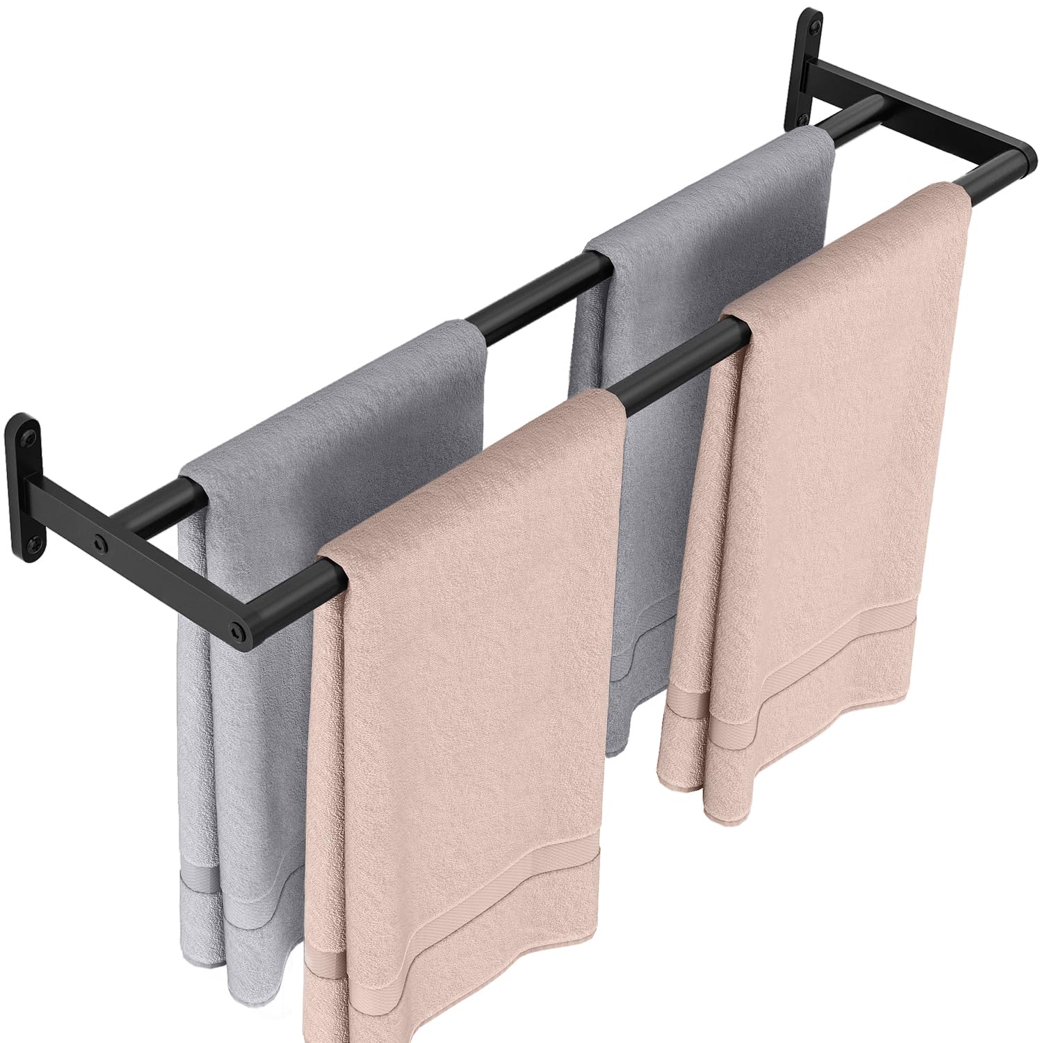 YUMORE Bathroom Towel Racks Double Towel Racks 60CM Towel Bar Stainless Steel Wall 2 Bars Towel Rail with Screws Storage for Kitchen and Bathroom Towels, Black