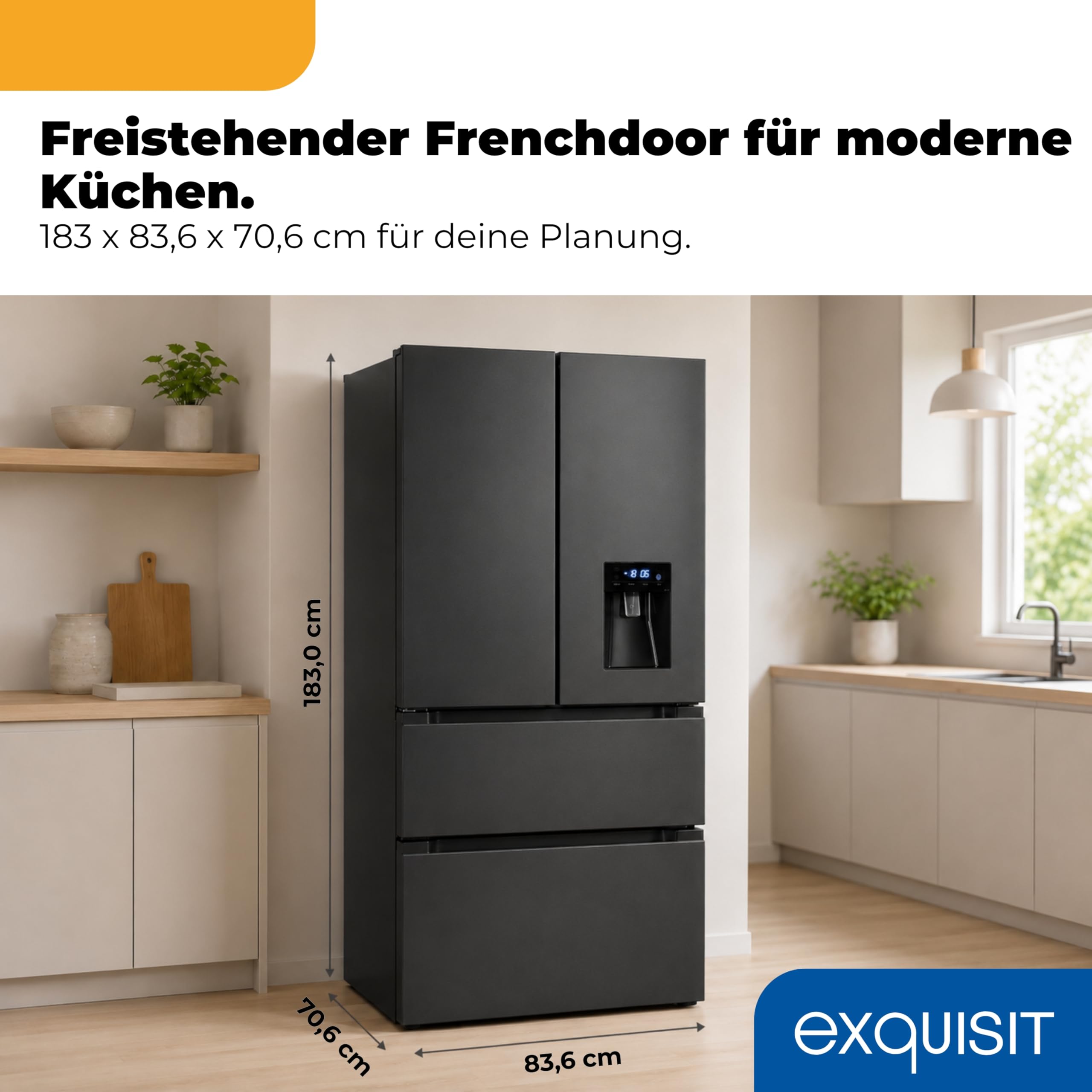 Exquisit French Door Kühl-Gefrierkombination 506 l, No Frost | Inoxlook, Wasserspender, LED, Schnellgefrieren, 183 l Gefrieren, Energieklasse E, 38 dB
