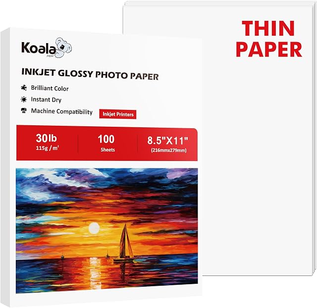 Koala Papier jet d'encre mince brillant 8,5x11 pouces 100 Feuilles compatibles avec l'utilisation de l'imprimante jet d'encre DYE Encre 115gsm