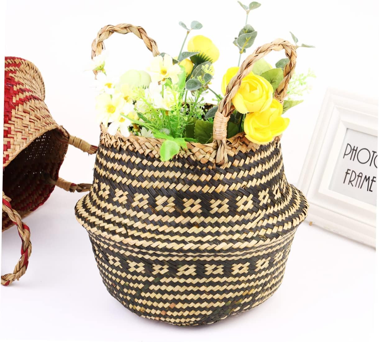 Cabilock Woven Linen Storage Basket Double Handles Multipurpose Flower Vase Container for Home Decor Organization Random Style