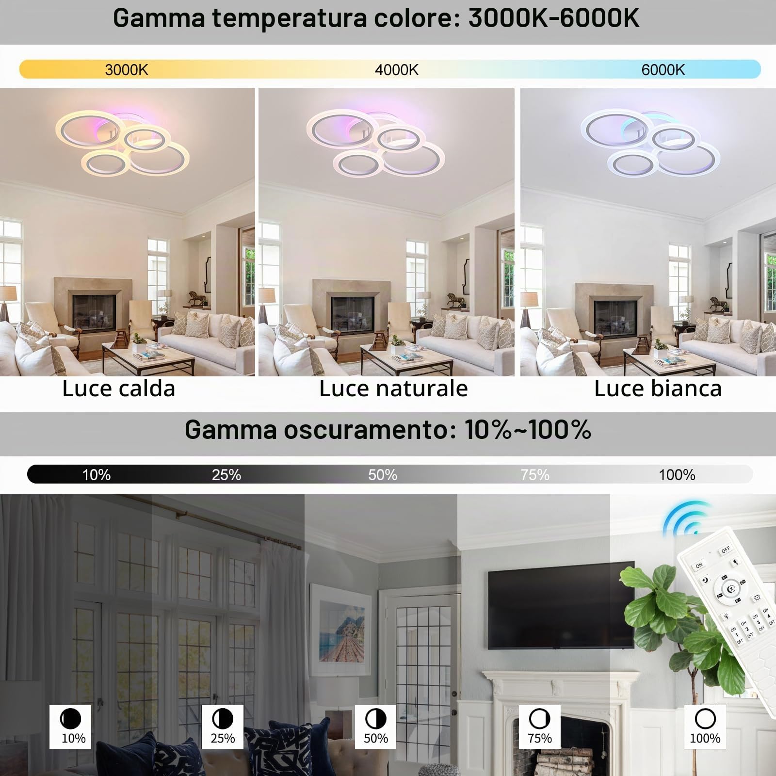 Plafoniera LED Soffitto 50W, 4 Anelli Dimmerabile con Telecomando | 3000-6000K, luce ambiente rosa/viola/blu, 3000LM, memoria, 10-100%, per soggiorno, camera da letto, cucina e sala da pranzo