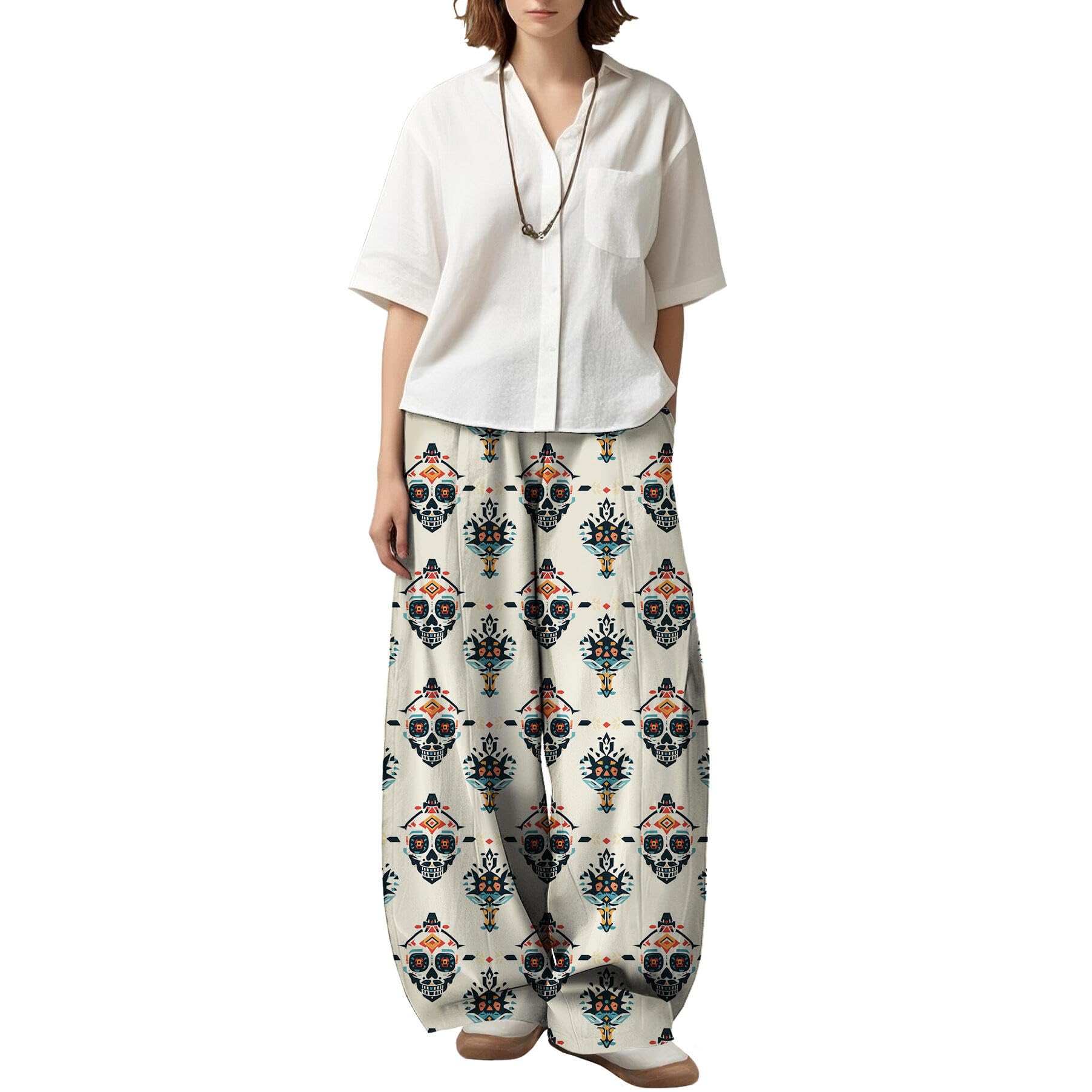 Womens Pattern Print Pants 2025 Autumn Wige Leg High Waist Trousers Casual Loose Fit Comfy Plus Size Pant