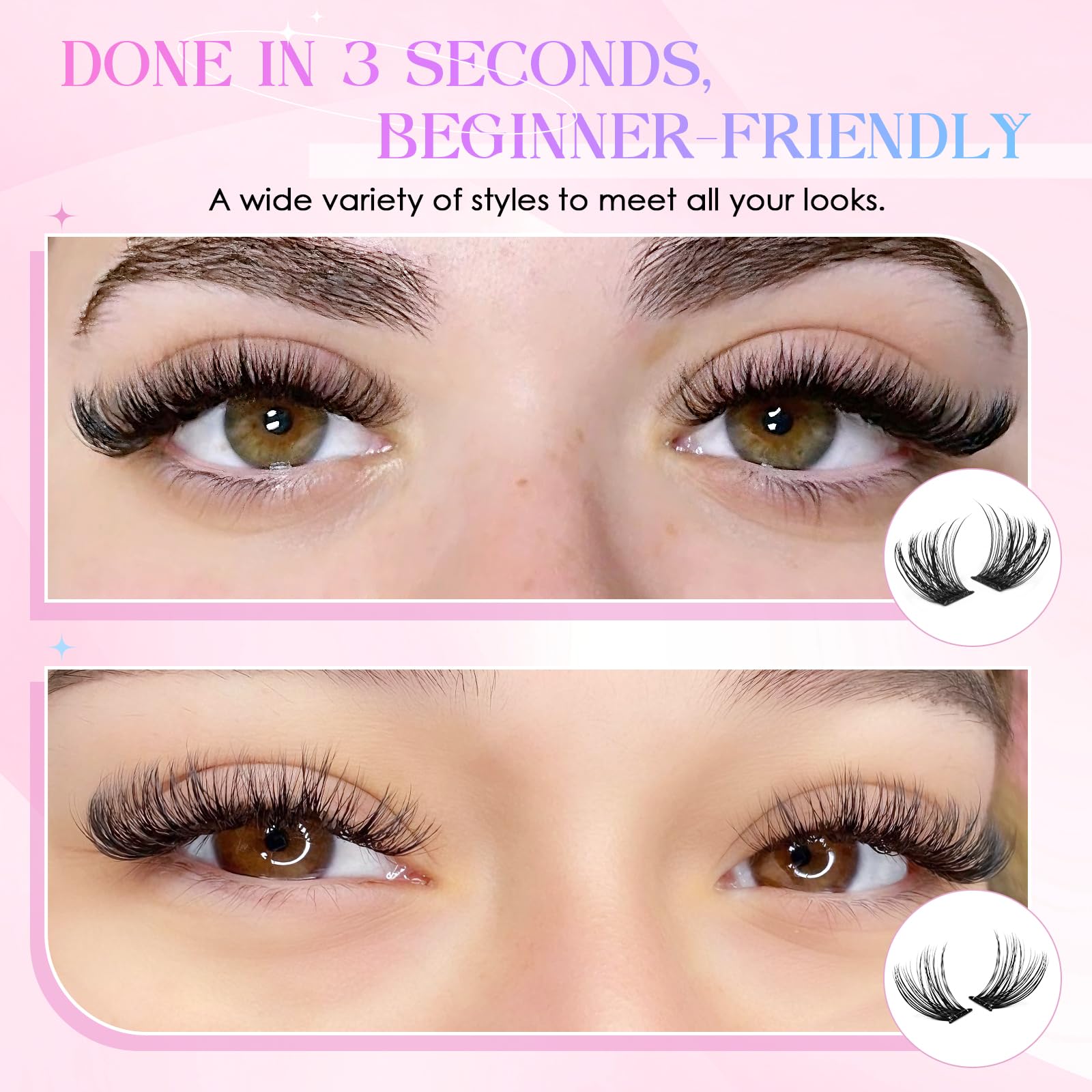 INPING Samoprzylepne sztuczne rzęsy, 2 style puszystych rzęs włos po włosie Objętość Lashes bez kleju, przedłużki rzęs z pęsetą dla początkujących DIY Lashes wielokrotnego użytku, 8-16 mm