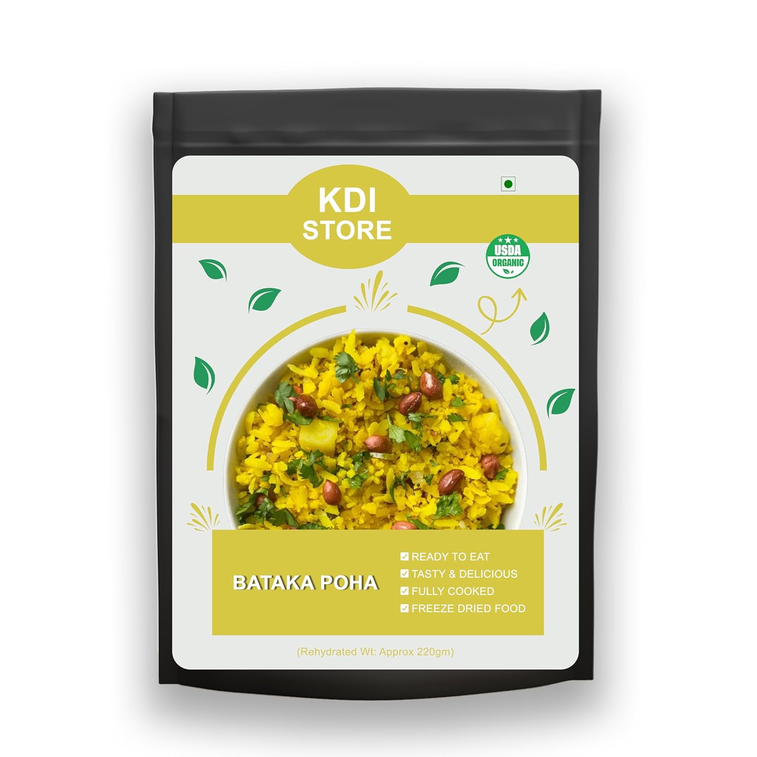 KDI Store Bataka Poha, Ready to Eat Indian Breakfast, Organic Freeze-Dried Food, Yellow Flattened Rice with Nuts, 70g