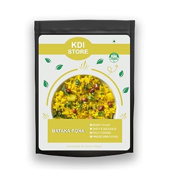 KDI Store Bataka Poha, Ready to Eat Indian Breakfast, Organic Freeze-Dried Food, Yellow Flattened Rice with Nuts, 70g
