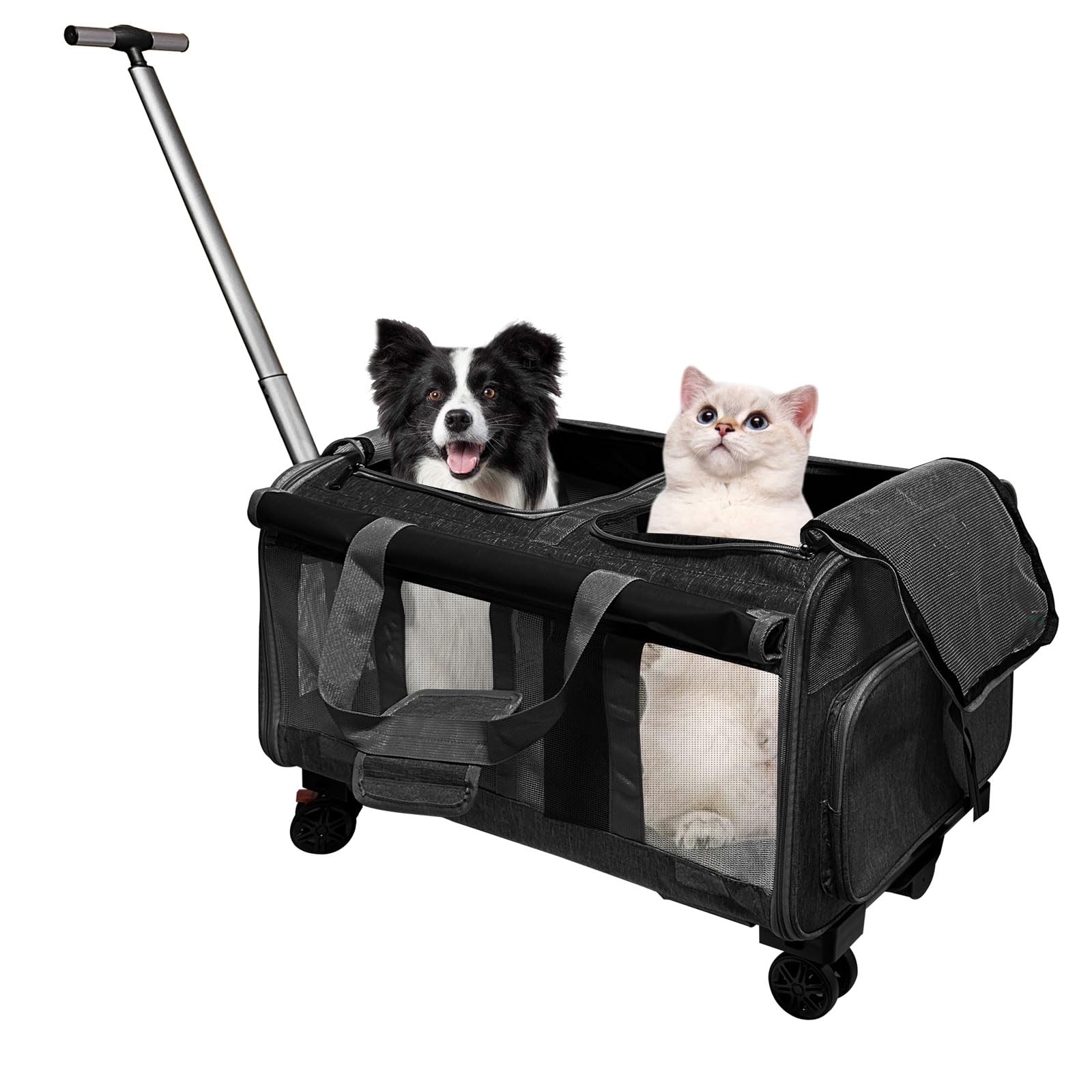 Transportín para 2 Gatos/Perros, con 2 Compartimentos + 4 Ruedas + Asa Telescópica, Transportin Grande Plegable para Gatos hasta 20 kg, Ideal para Visitas al Veterinario, Viajes Coche (Negro)