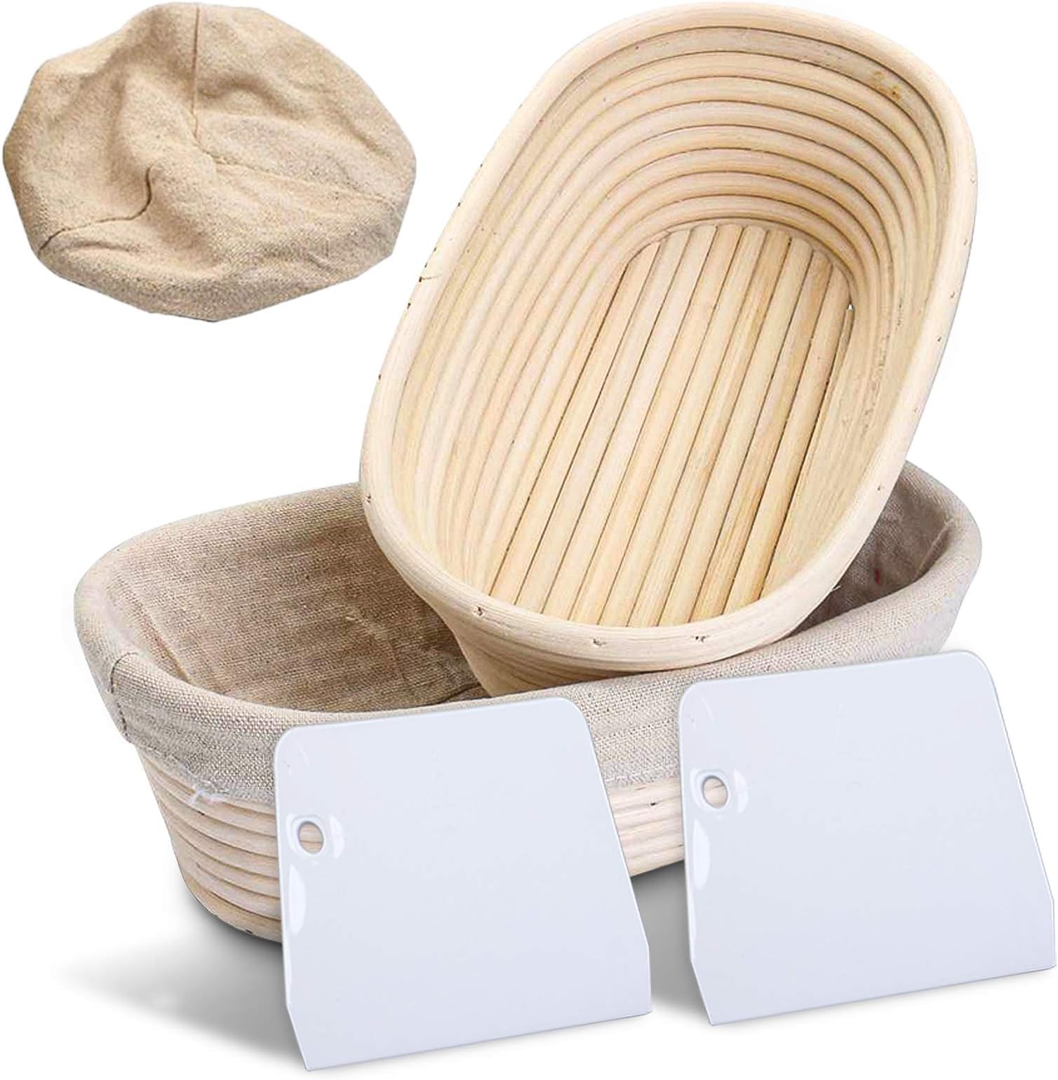 Heflashor 2 Set 10 Inch Bread Banneton Proofing Basket - Baking Dough Bowl Gifts Bread Dough Proofing Rising Rattan for Bakers Proving + 2 Cloth Covers + 2 Dough Scrapers