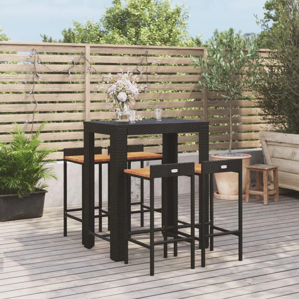 vidaXL Mesa Bar y taburetes jardín 5 pzas Madera Acacia ratán PE Negro
