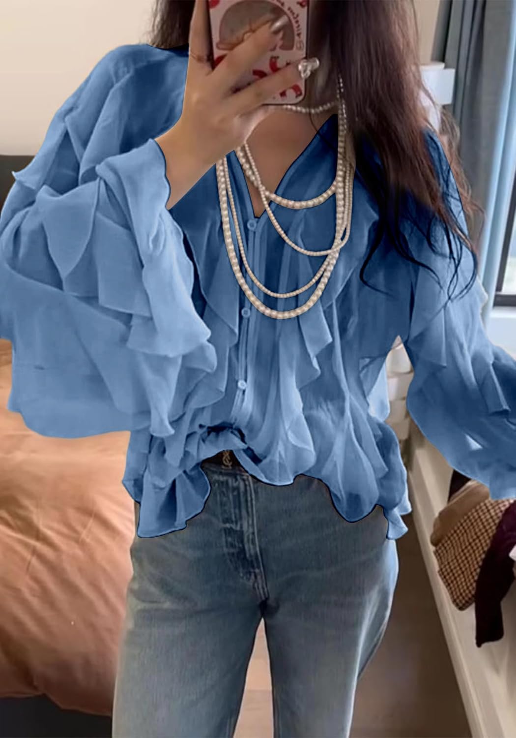 LETSVDO Women's Ruffle Chiffon Tops Puff Sleeve Sheer See Through Button Down V Neck Bubble Loose Casual Blouses Shirts - Image 2