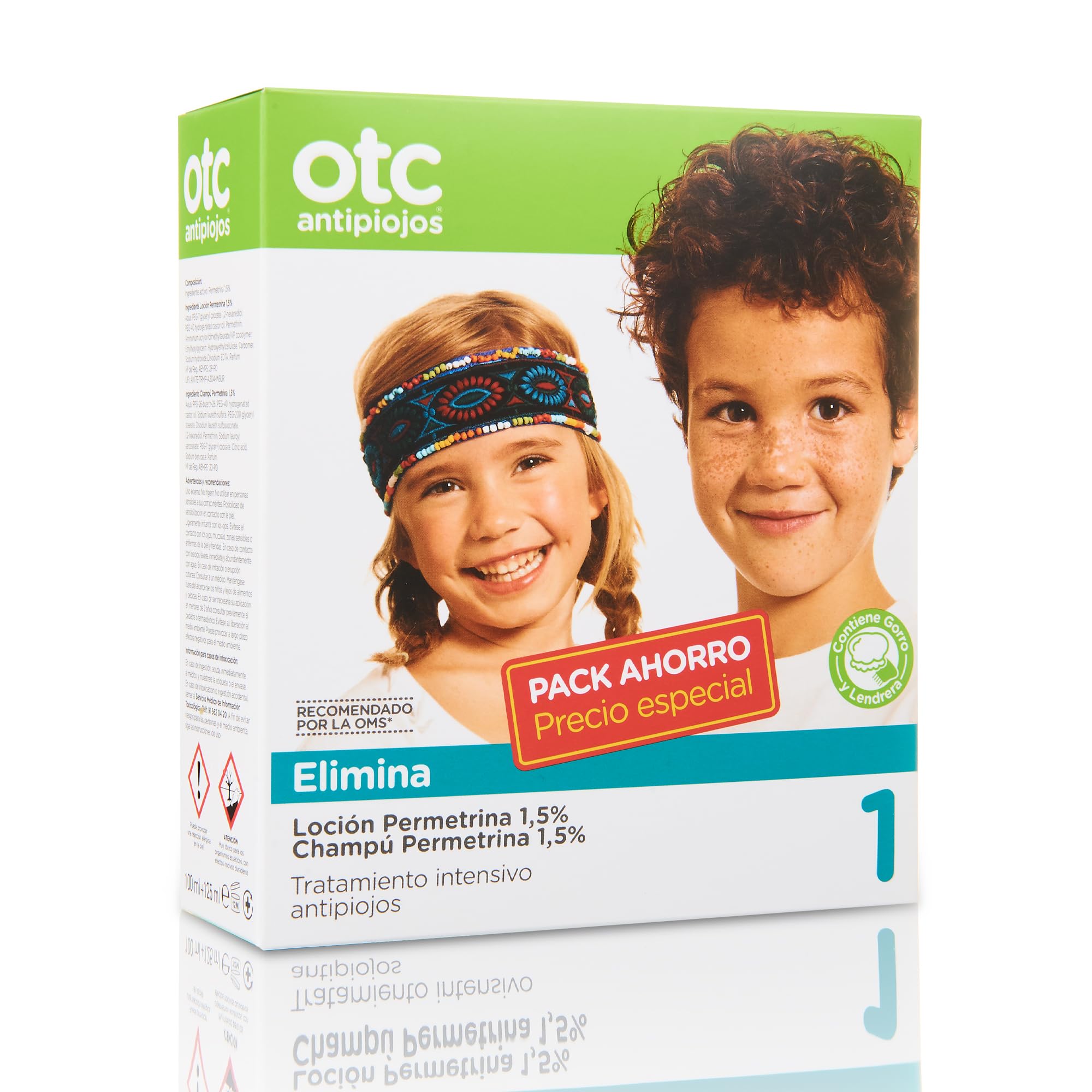 OTC Antipiojos Pack Permetrina, Elimina Piojos y Liendres, Incluye Loción y Champú de 125 ml con Permetrina al 1,​5%, Gorro y Lendrera, Apto a Partir de 2 Años