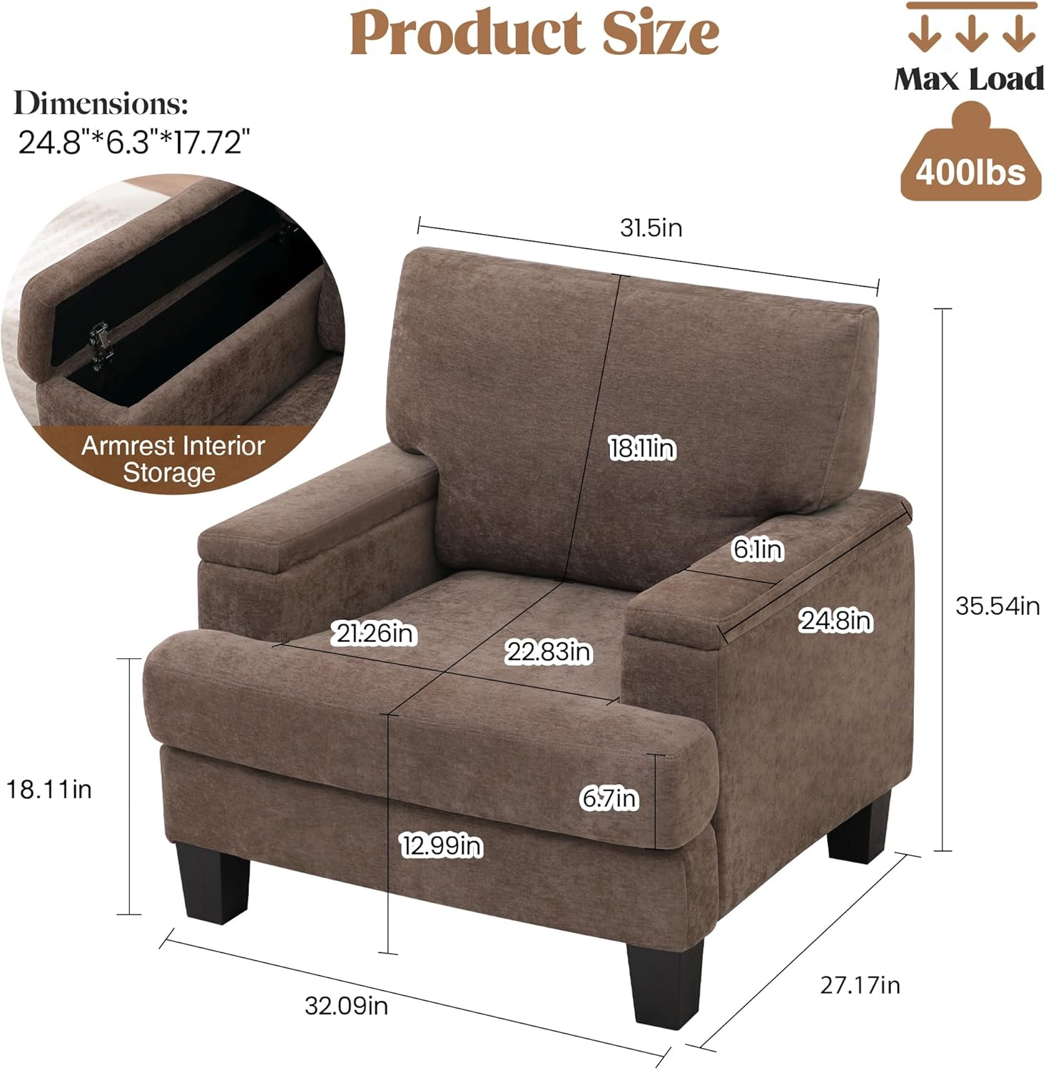 Accent Chair with Storage Armrest, Modern Upholstered Living Room Chairs, Comfy Large Armchair, Fabric Single Sofa ReadingChair for Bedroom, Dark Brown