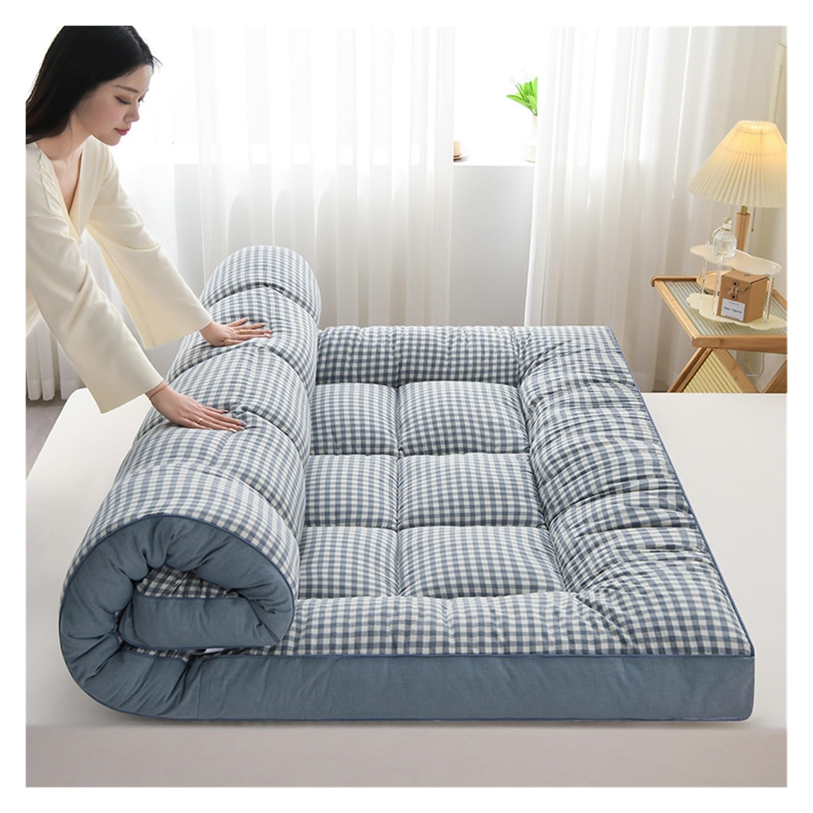 Soft Floor Mattress, Japanese Tatami Futon Mattress, Portable Roll Up Foldable Mattress, Sleeping Pad for Floor Guest Bed Sofa Double Bed Single Bed(Blue small grid,120x200cm)