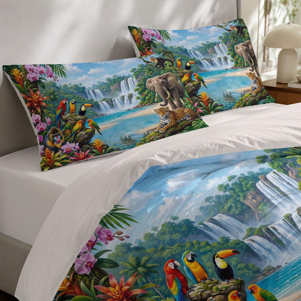 Housse de Couette 140x200cm pour 1 Personne Paysage Rivière Cascade | Parure de Lit Réversible Jungle Tropicale Fantastique, Ensemble de Literie en Microfibre Douce avec 1 Taies d'oreiller