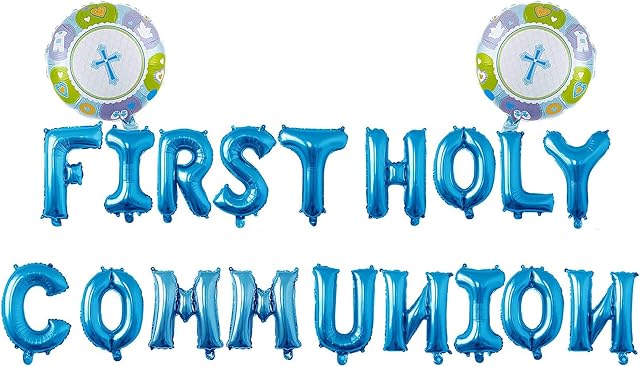 First Holy Communion Balloons Set - 16 inch Alphabet Foil Balloons Bunting Banner, Blue Baptism Decorations for Boys, Baby Shower Christening Party Supplies Cross Balloons