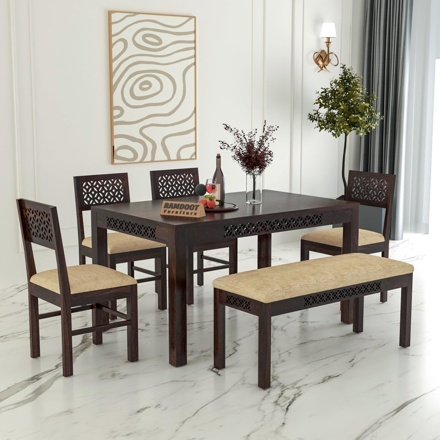 Ramdoot Furniture CNC Solid Sheesham Wood Dining Table Set 6 Seater | Six Seater Dining Table 6 Seater with 4 Cushion Chairs & 1 Bench for Living Room | 6 Seater Dining Set for Hotel Restaurant|Walnut