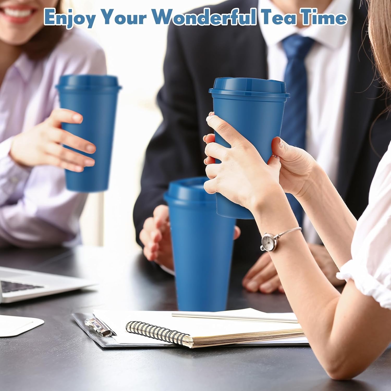Honeydak 45 Pack 16 oz Reusable Coffee Cups with Lids Water Bottle Iced Coffee Travel Mug Reusable Portable Plastic Tea Tumblers Bulk for Hot and Cold Drinks Birthdays Party(Classic,Dark Blue) - Image 3