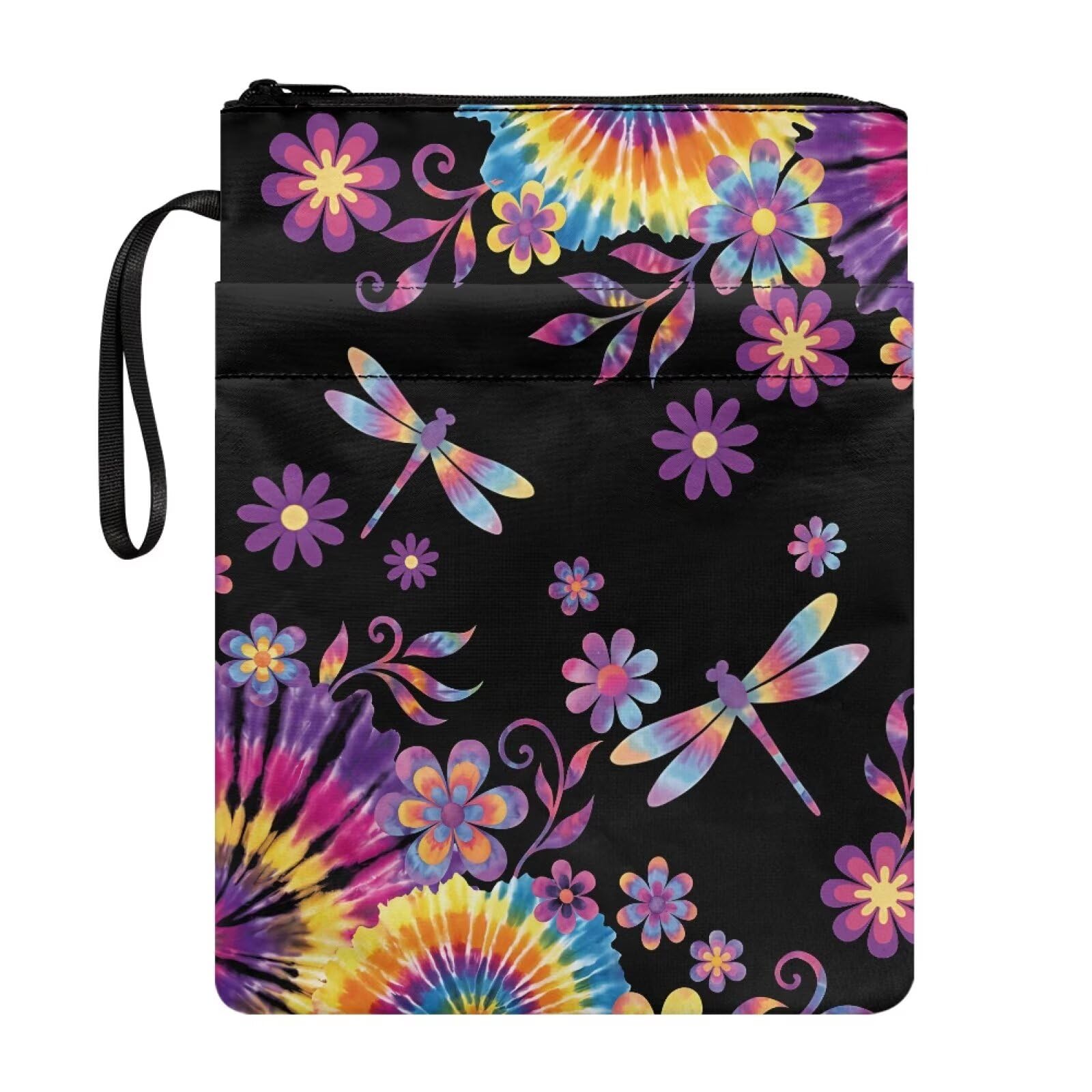 Poceacles Polyester Book Sleeve for Textbooks, Paperbacks, Notebooks, Reading Accessories Book Pouch for Travel School, Dragonfly Flower Tie-dye Violet — image 1