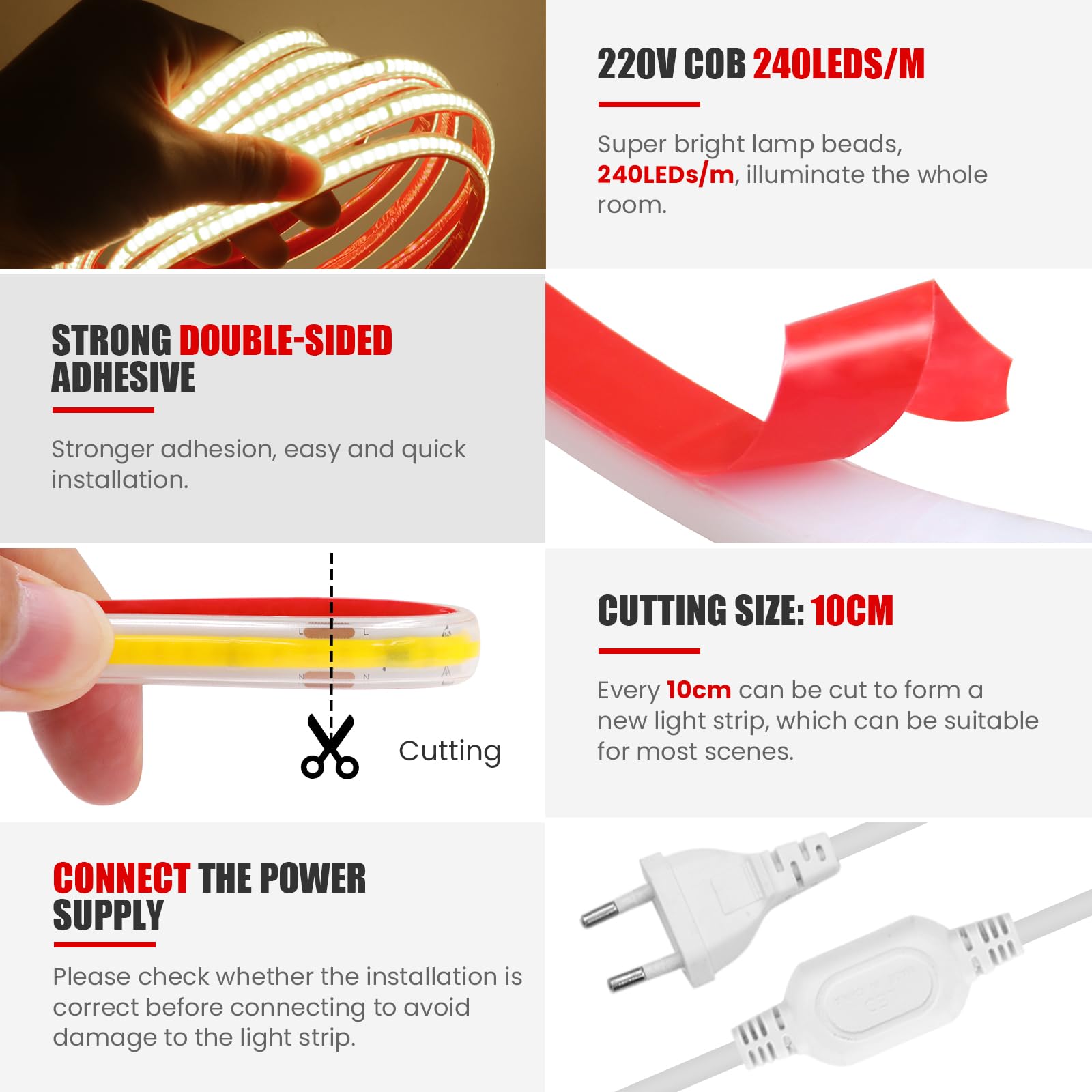 Tira LED COB 220V [50M, Blanco Natural 4000-4500K], IP65 impermeable flexible, 240 LEDs/m Tira LED FCOB CRI85+, cortable cada 10cm, iluminación decorativa para hogar/tiendas