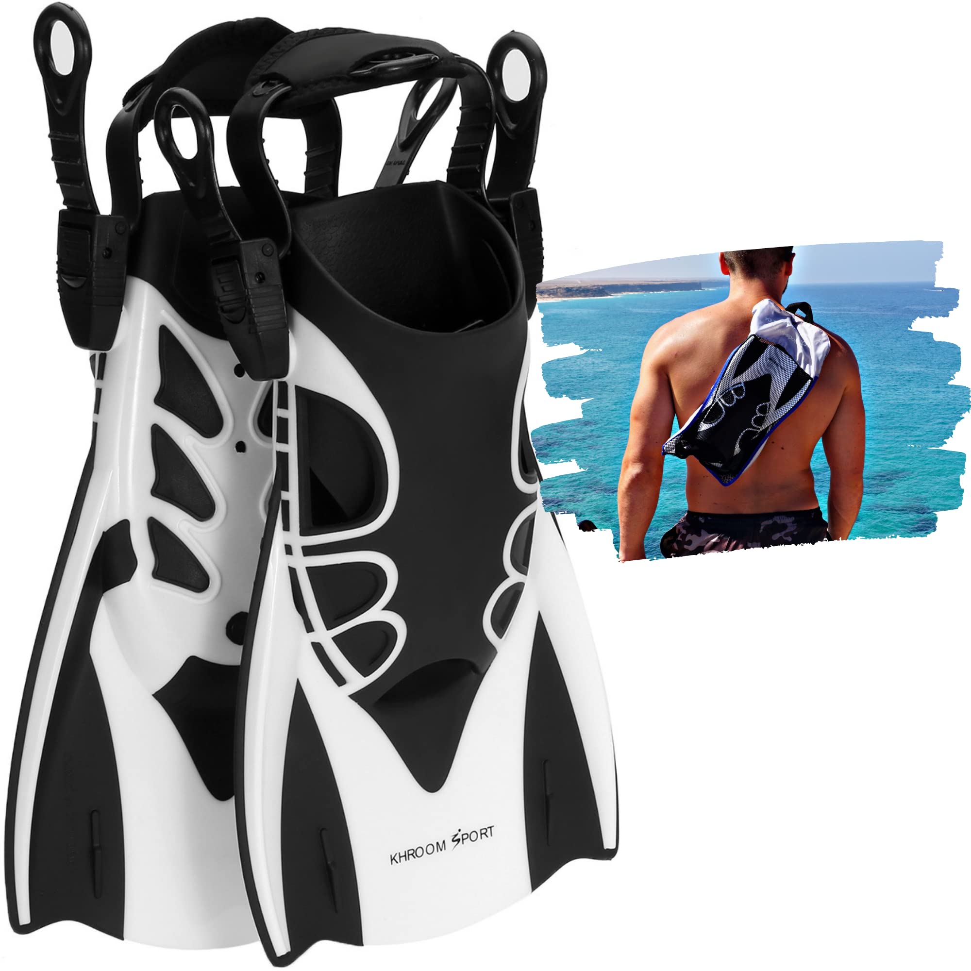 KhroomShort Fins with Adjustable Heel for Adults and Kids Fins for Snorkeling, Diving and Swimming (7-11)