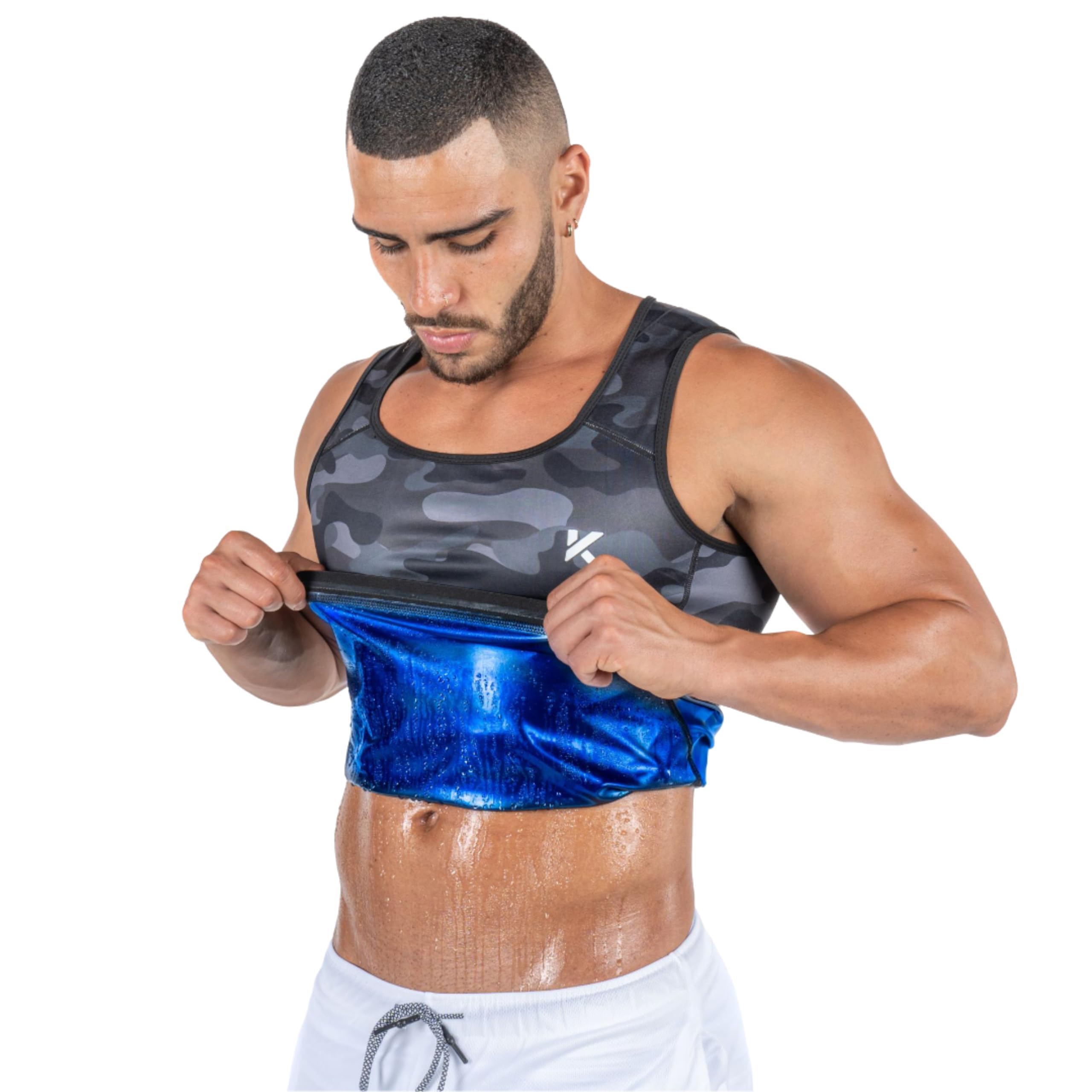 Kewlioo Men's Heat Trapping Pullover Sweat Enhancing Vest - Sauna Suit Shirt Compression Vest Shapewear Top for Gym Exercise, Gray Camo, Small-Medium