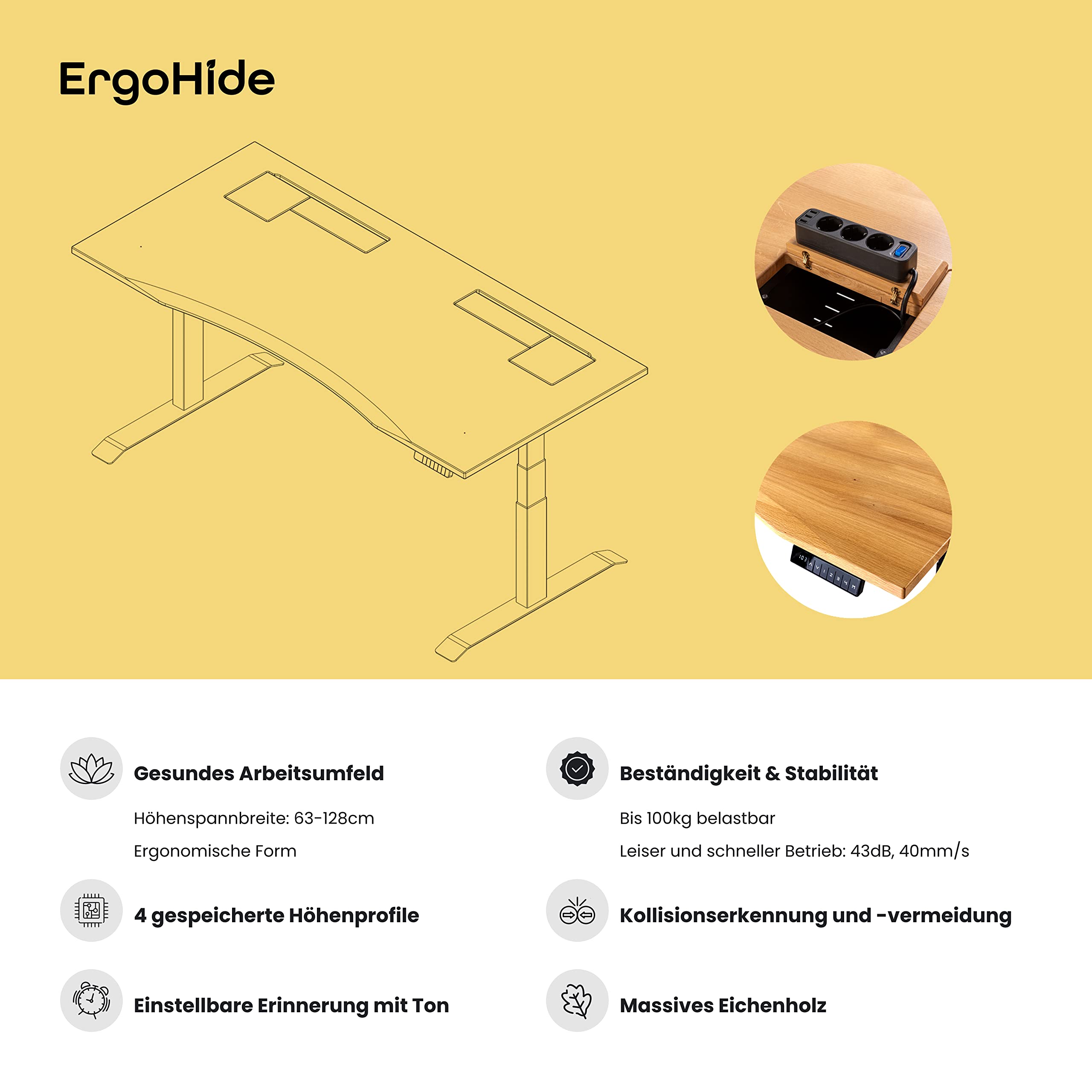 ErgoHide® Höhenverstellbarer Schreibtisch aus Massivholz mit erweitertem Kabelmanagement/Kabelkanal (Eiche, Schwarz, Ergonomisch, 150x80cm)