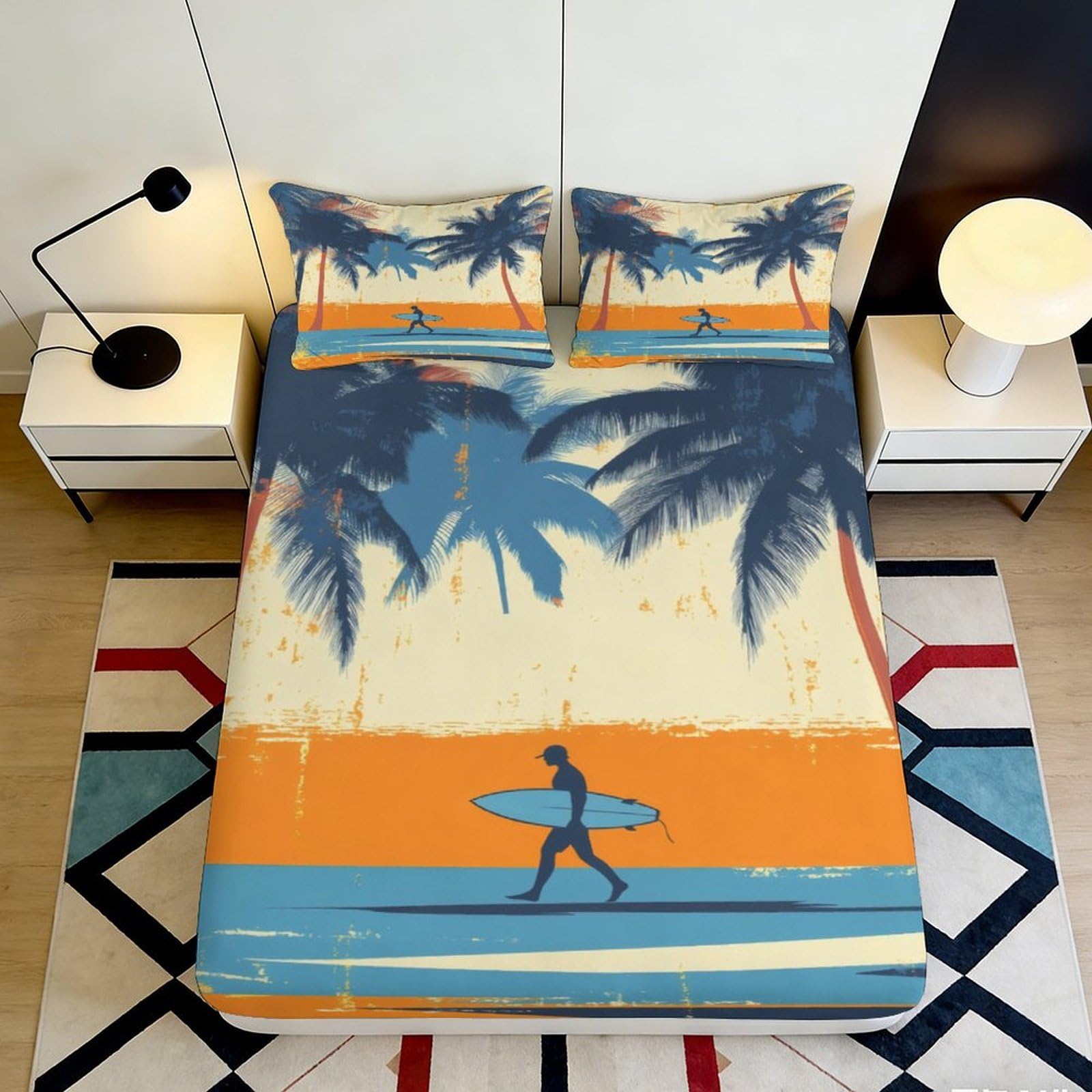 3D Printed Sunset Beach Fitted Sheet Microfiber Palm Tree Mattress Cover for Bedroom Guest Room Decor, Washable, Anti-Slip, 120x200cm 160x200x25cm