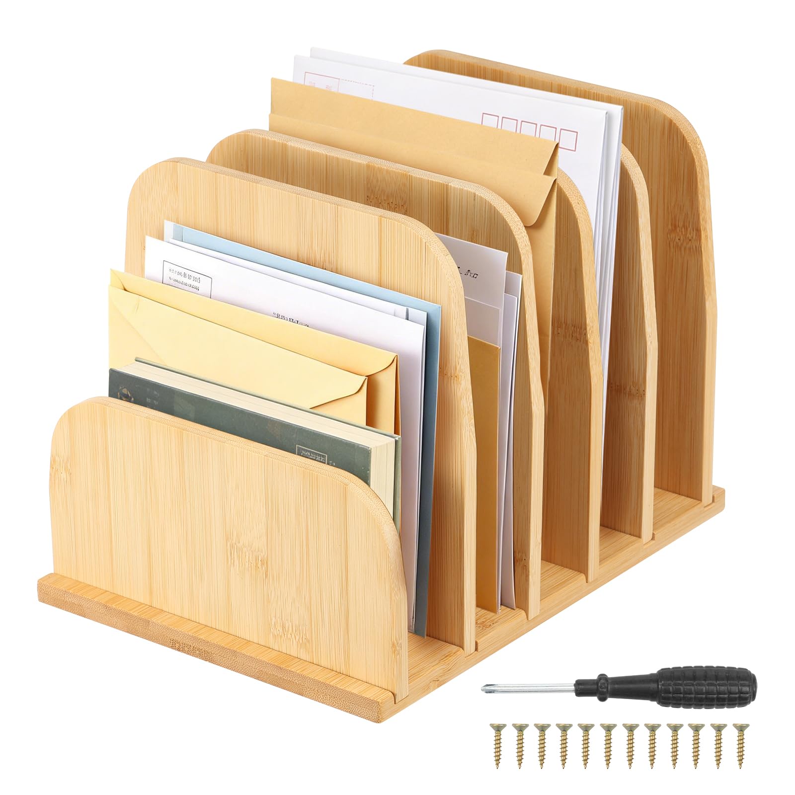 Anihet Bamboo Desk File Organizer, 5 Slots Wood File Mail Holder Countertop Letter Sorter Document Organizer, Desktop Storage Rack for Home, Office, Magazine, Book Envelope, Paper