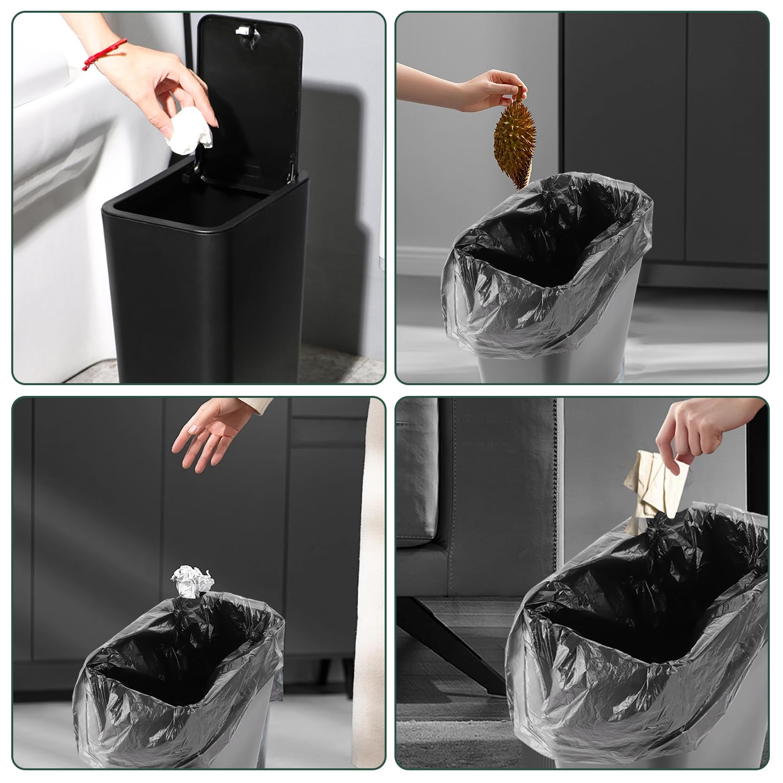 MIVIDE Kosz na śmieci 12,5 l, czarny, z pokrywką pop-up, tworzywo sztuczne, do kuchni, łazienki, biura, WC, 2 rolki