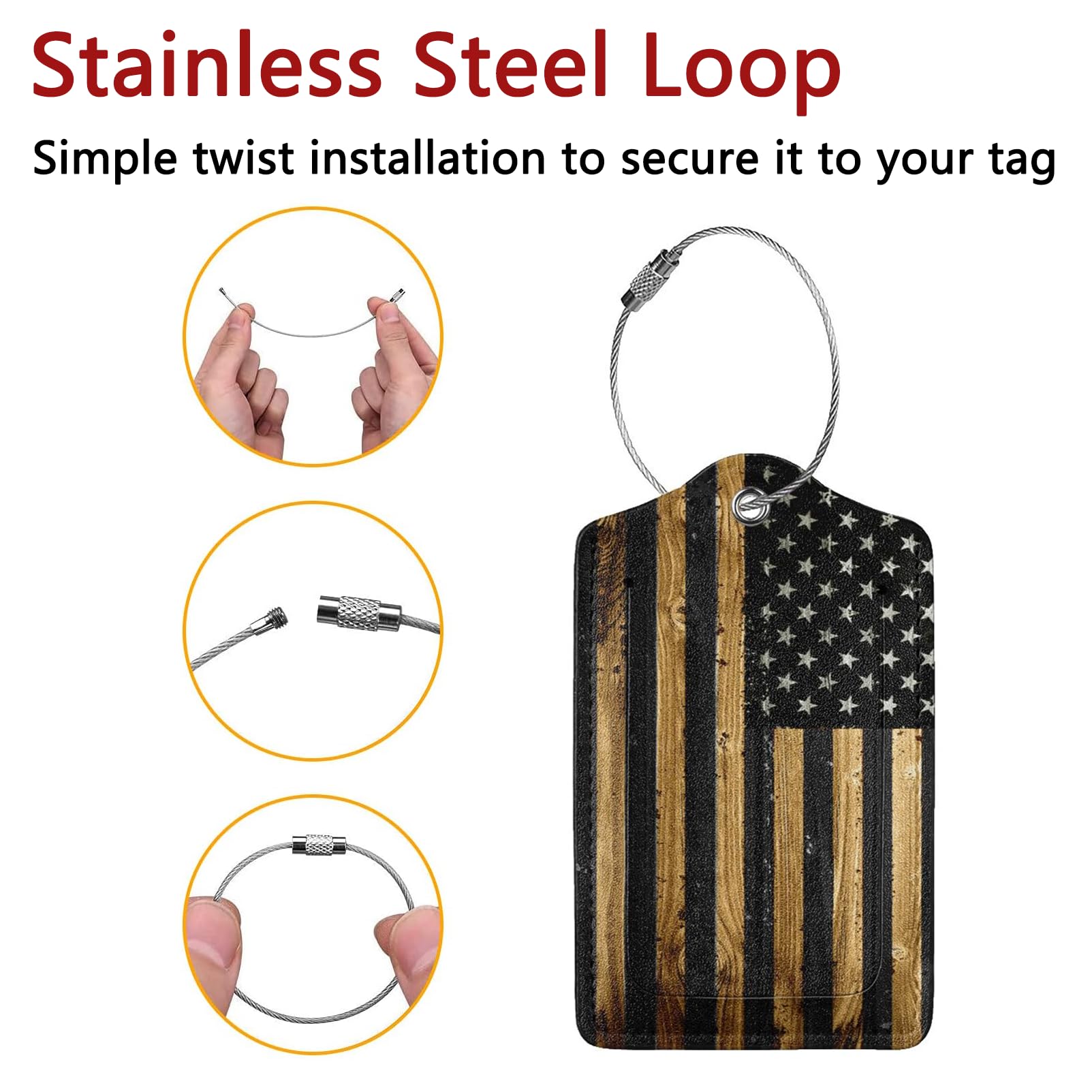 GACCAP 2 Pack Luggage Tags for Suitcase, Privacy Cover ID Label with Stainless Steel and Address Card for Travel Bag Backpack Cruise Ship Essentials Tag Women Men - Wood American Flag