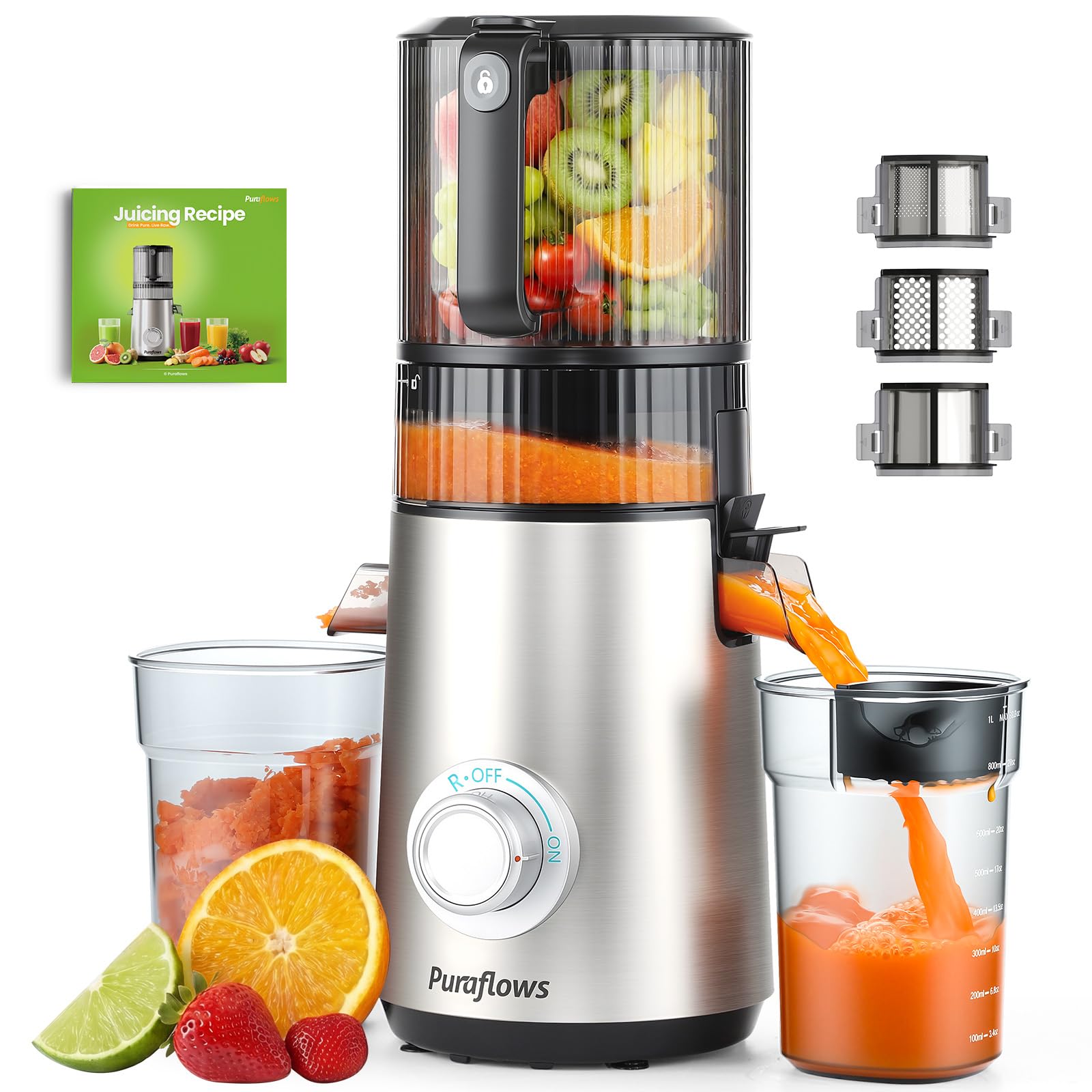 Photo 1 of Puraflows Auramist Cold Press Juicer Machine with 6’’ Large Feed Chute, 600W Slow Masticating Juicers for Vegetable & Fruit, Easy to Clean, Electric, Triple Filters, Silver