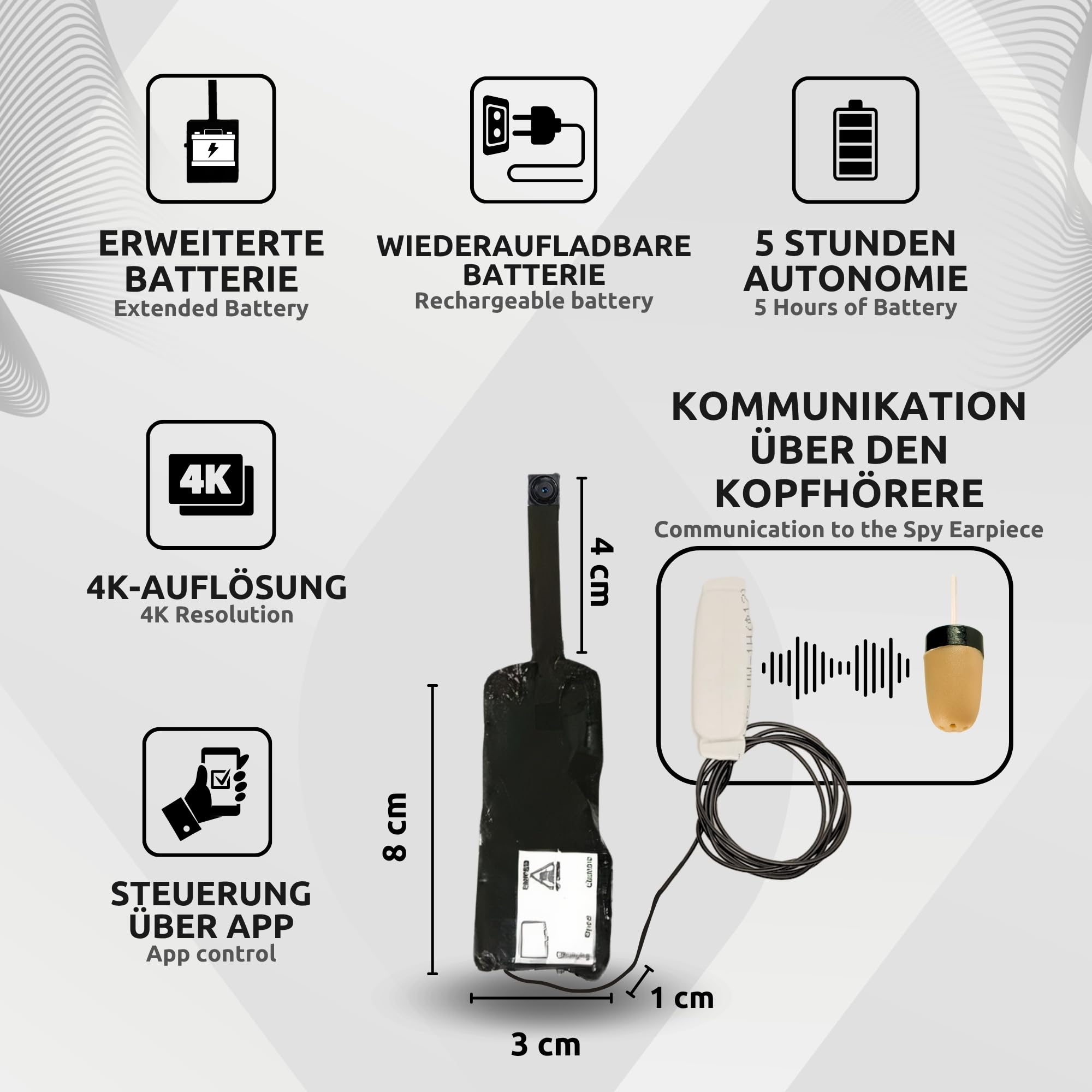 PingaOculto WLAN-Kamera 4K Erweiterte Batterie kompatibel mit Kopfhörer