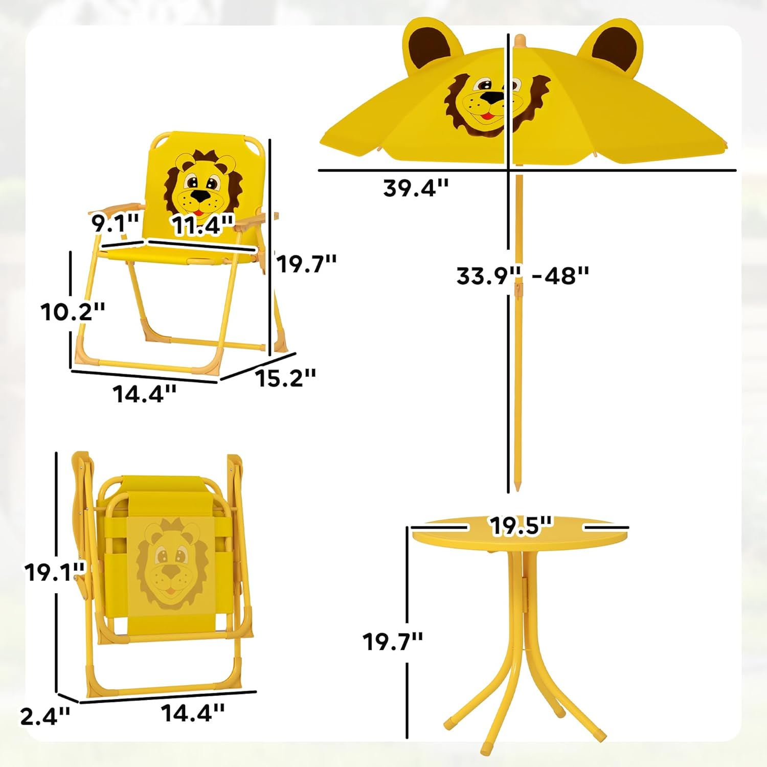 Qaba Kids Picnic Table and Chair Set, Outdoor Activity Table with Foldable Chairs, Removable Umbrella, Lion Pattern Toddler Patio Furniture for Backyard, Garden, Yellow