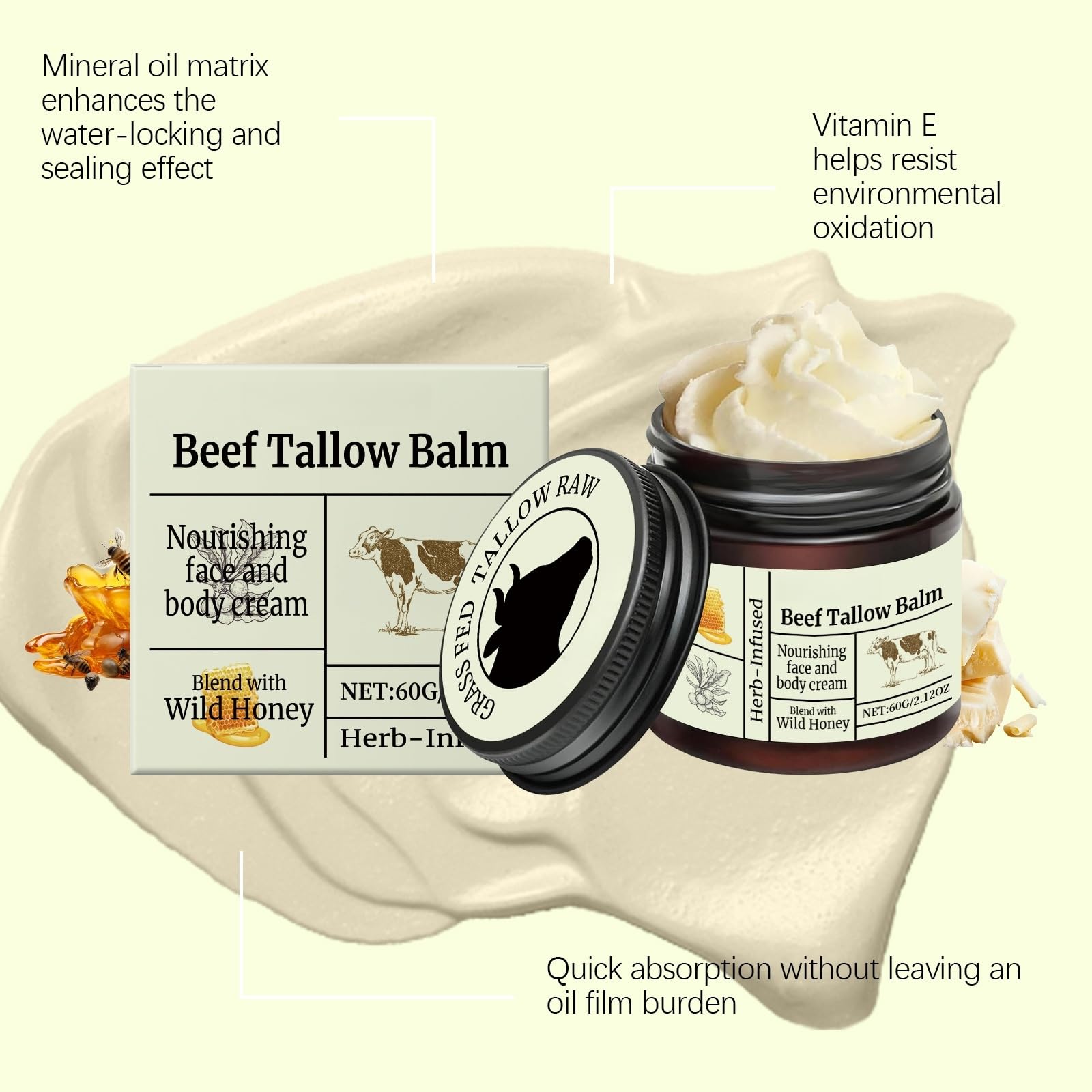 Beef Tallow Honey Balm & Beef Tallow Moisturiser- Organic Grass-Fed Tallows Face Cream, Deeply Nourishing - Image 2