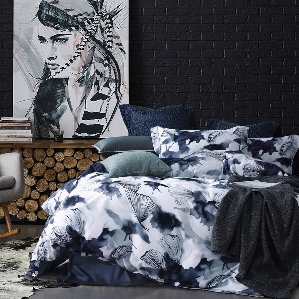 MILDLY 100% Long Staple Cotton Duvet Cover Set Dark Blue Ginkgo Leaf Watercolor Comforter Cover Set