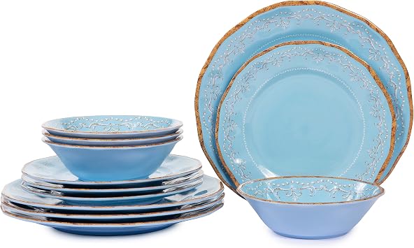 Melamine Dinnerware Set, 12-Piece Dishwasher Safe 100% Melamine Dinner Plates, Dishes and Bowl Set for Indoor and Outdoor Use