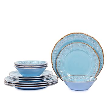 Melamine Dinnerware Sets - 12 PCS Dishwasher Safe 100% Melamine Dinner Plates, Dishes, and Bowls Set for Indoor and Outdoor Use