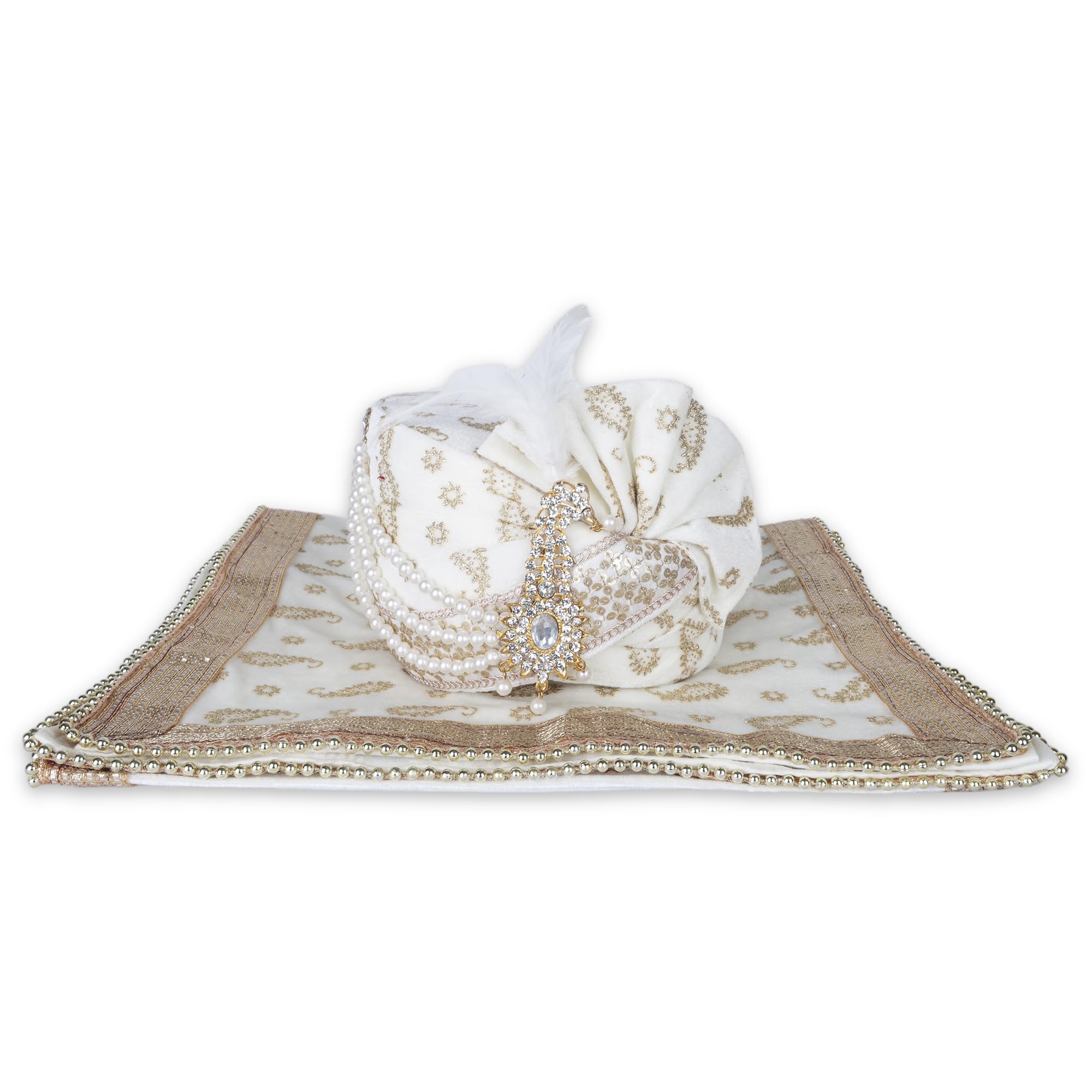 Men Cotton Blend Printed Groom's Safa Shawl Stole Set, Wedding Safa/Turban with Stole, Embroidered Turban Sehra with Stall (Off-White)-image-6