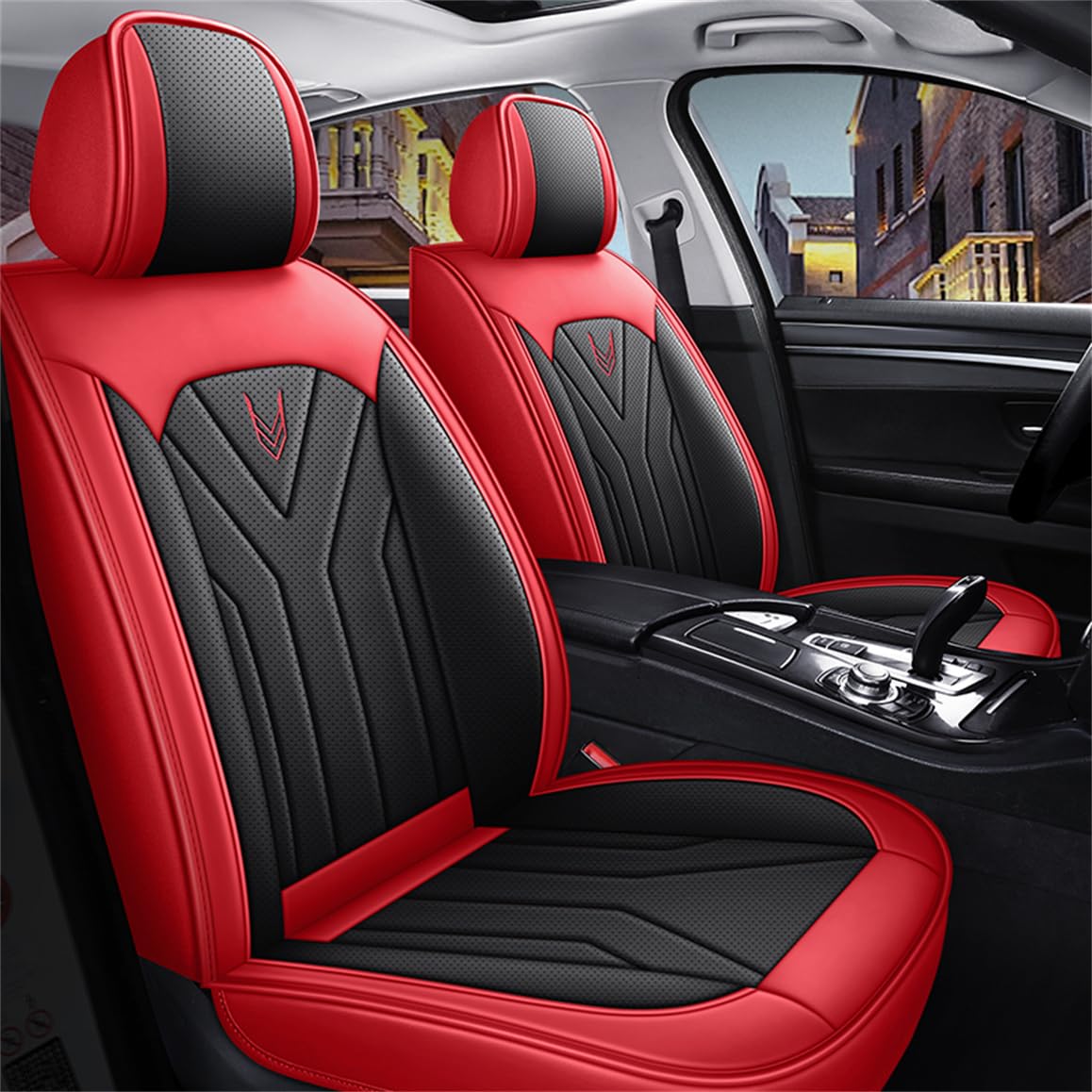 IBCEL Luxury Car Seat Covers Full Set 5 Seats for Ford Focus Black Red Leather Car Seat Cover Front and Rear Seat Protectors