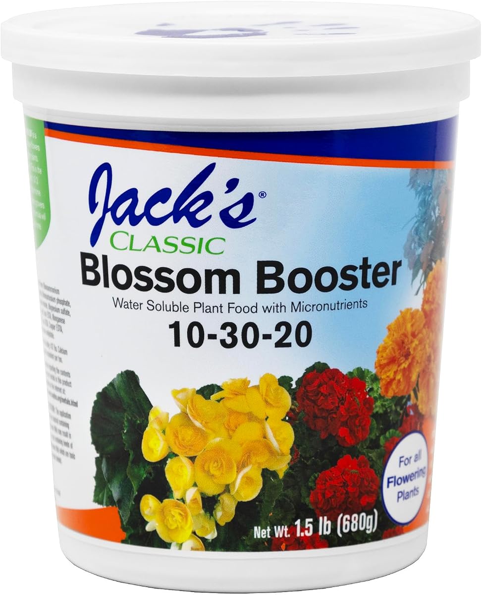 Jack's Classic 10-30-20 Blossom Booster Water-Soluble Fertilizer, 1.5lb | Powdered Plant Food, Targeted Micronutrient Package, Increases Bloom Color & Quantity, Liquid Root & Foliar Feeding