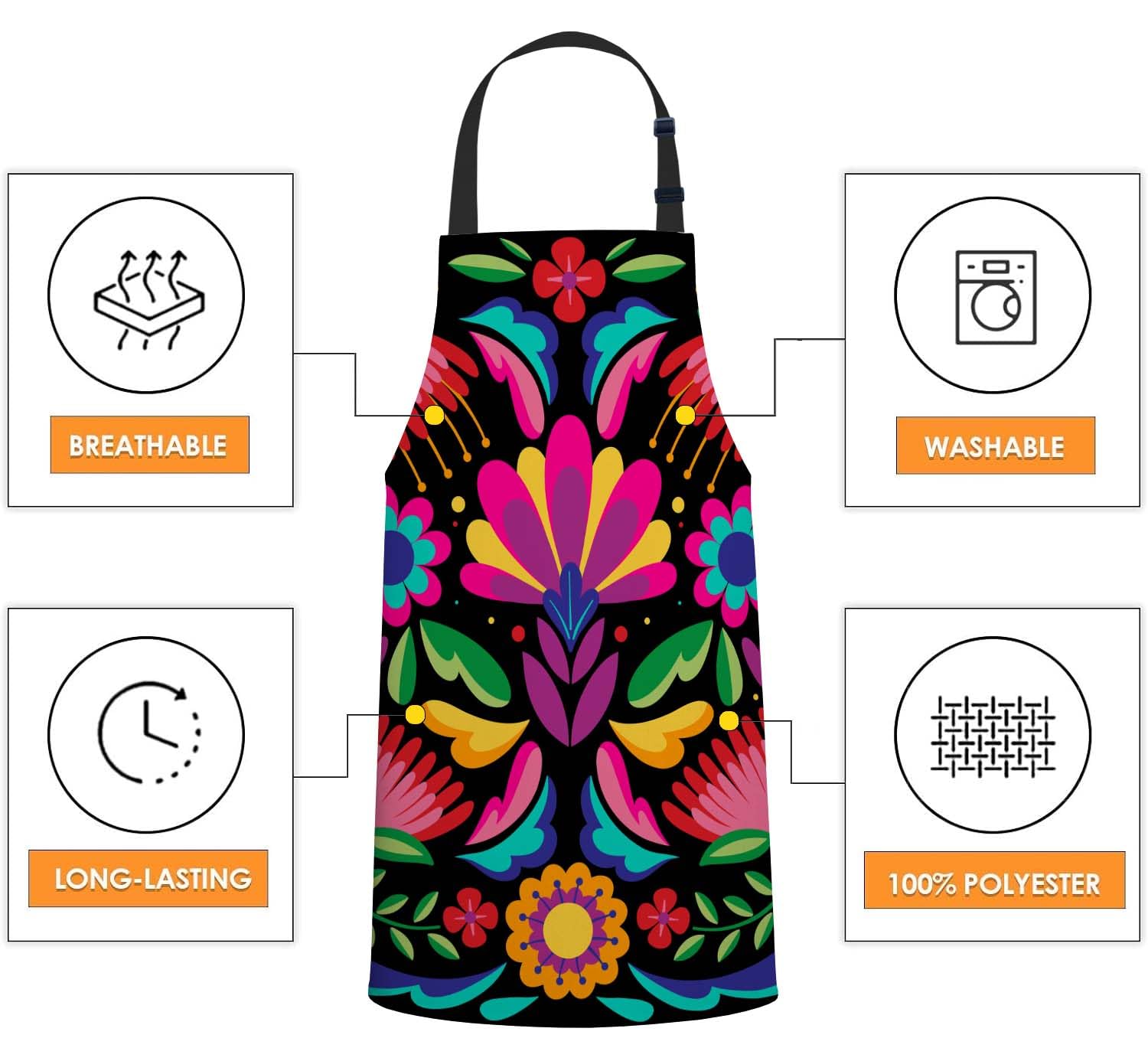 Smooffly Colorful Mexican Floral Apron,Adjustable Neck Bib Apron for Men Women,Suitable for Kitchen Cooking Waitress Chef Apron - Image 4