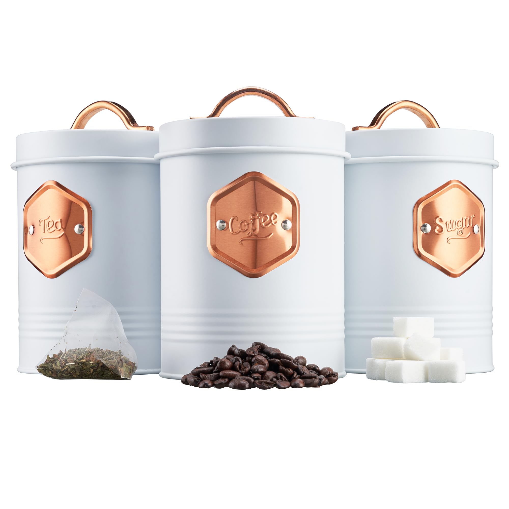 Cooks Professional 3 Piece Tea Coffee Sugar Cannister Set | Labelled Storage Tins | Containers with Airtight Lids | Canisters for Kitchen Accessories & Essentials | White & Copper — image 1