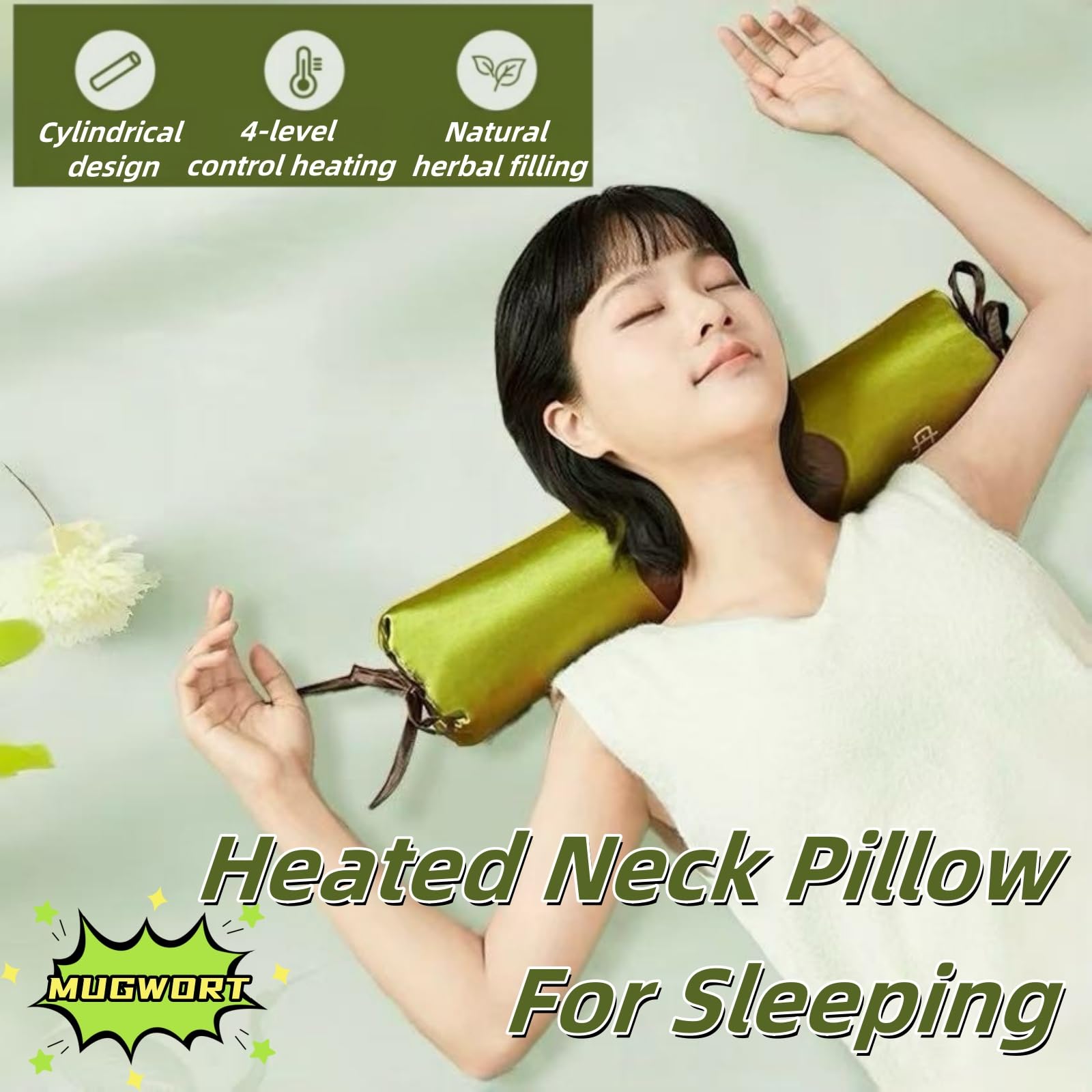 Almohada ergonómica para el cuello con relleno de artemisa natural, calefacción inteligente y compresa caliente USB ajustable para apoyo cervical y comodidad para dormir (normal)