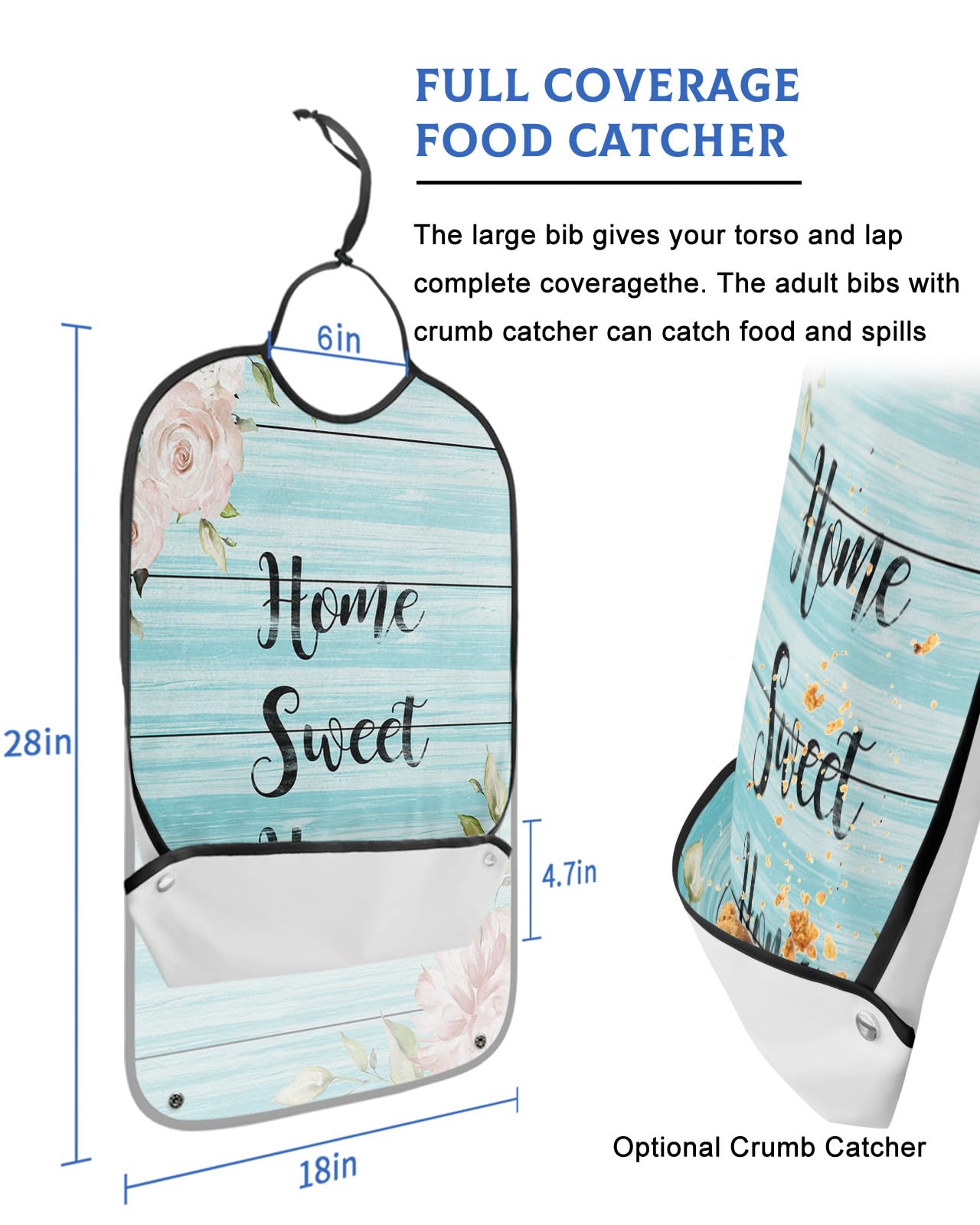 LEOKOTI Home Sweet Home Adult Bibs for Eating, Waterproof Bibs with Food Catcher & Adjustable Snap Closure, White Flowers Blue Wood Washable Clothing Protectors Adult Bibs for Elderly Women/Men