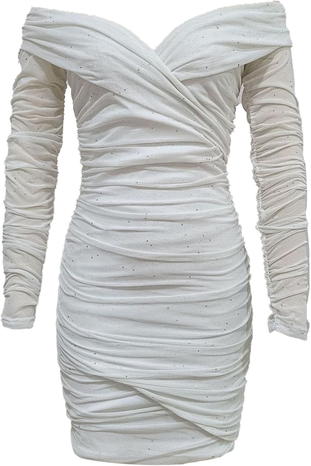 Generic Women'S Sexy Elegant Ruffle Dress Fall Long Sleeve Off Shoulder Ruched Club Party Mini Dress Stretchy Bodycon Dress