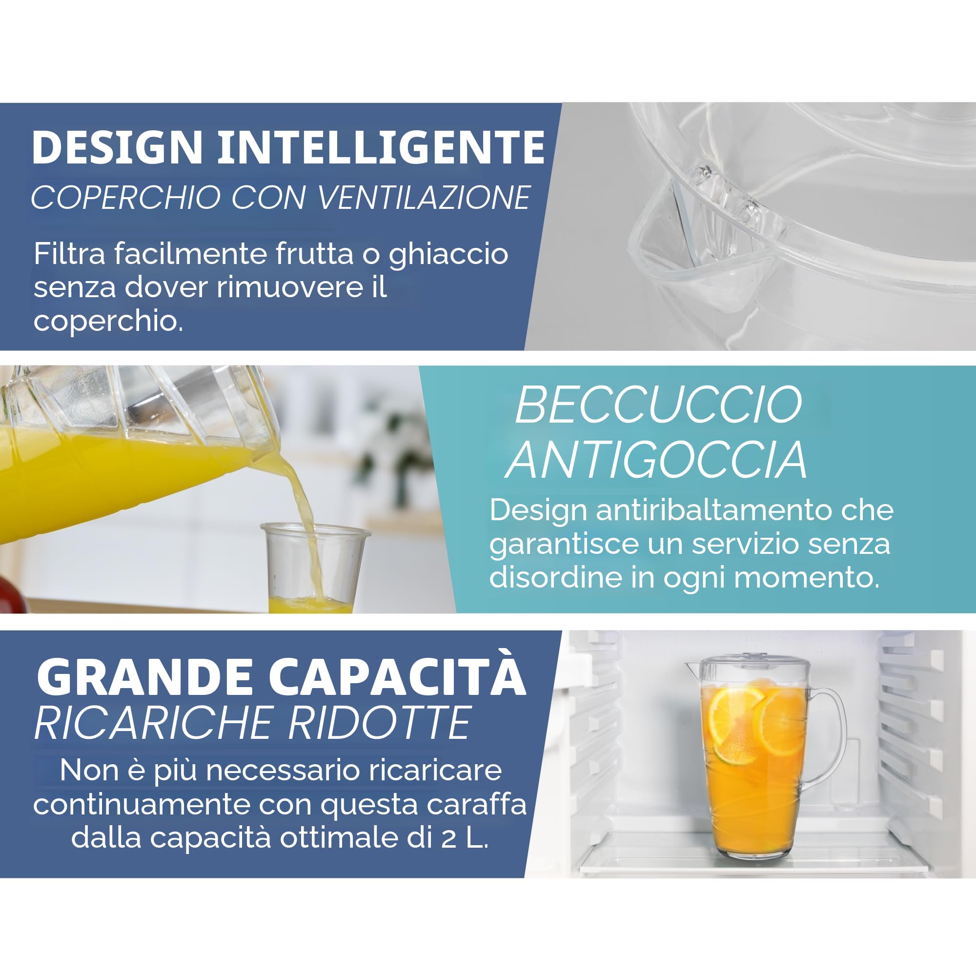 HEFTMAN Brocche in plastica trasparente da 2 litri – Confezione da 2 brocche in plastica con coperchio e beccuccio ventilato – ideale per cocktail, barbecue, feste, campeggio e uso quotidiano interno