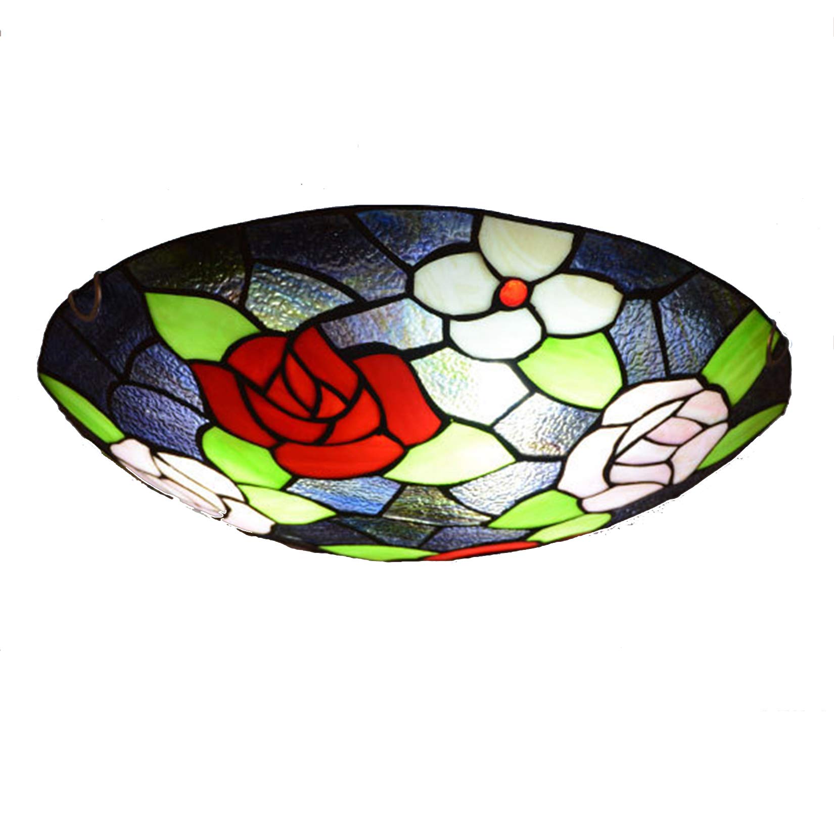 HJRegaFimu Vintage Stained Glass Ceiling Light Pastoral Red Pink Rose Morning Glory Shade Lamp Fixture For Living Room Bedroom (12 Inches)